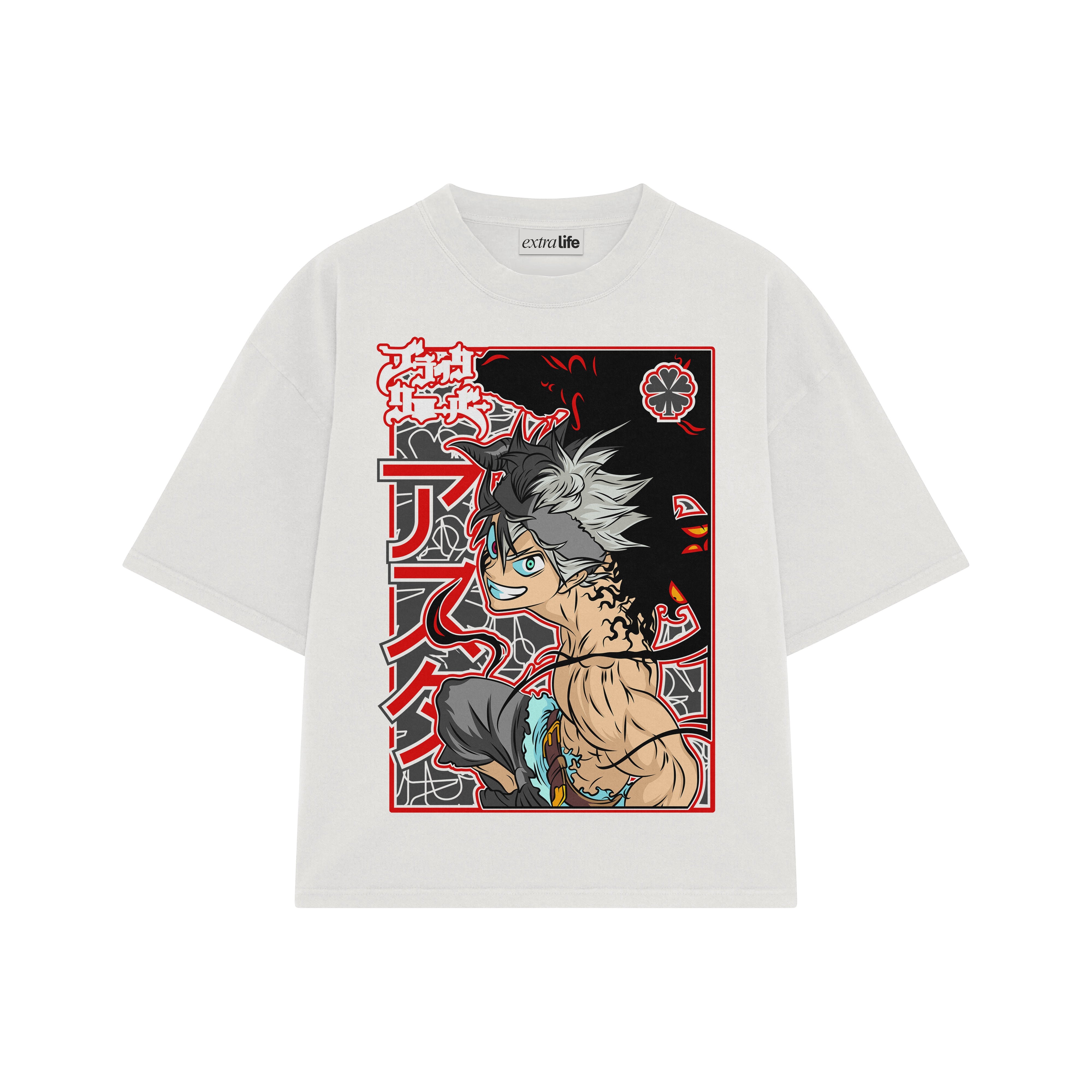 Playera streetwear premium de anime y gaming ExtraLife MX, corte boxy oversized drop shoulder heavyweight en color Deep Black y Off-White, moda urbana mexicana de culto.