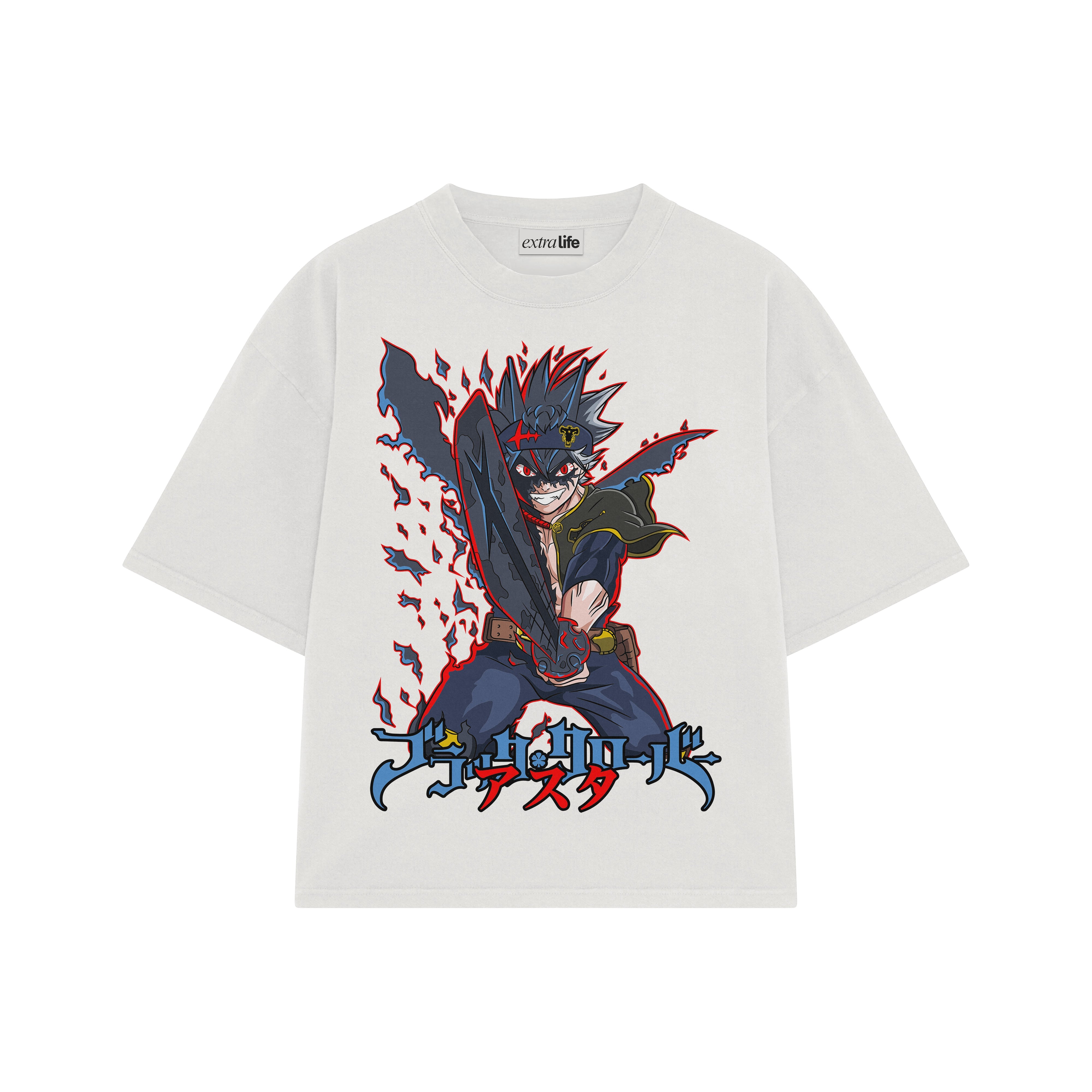 Playera streetwear premium de anime y gaming ExtraLife MX, corte boxy oversized drop shoulder heavyweight en color Deep Black y Off-White, moda urbana mexicana de culto.