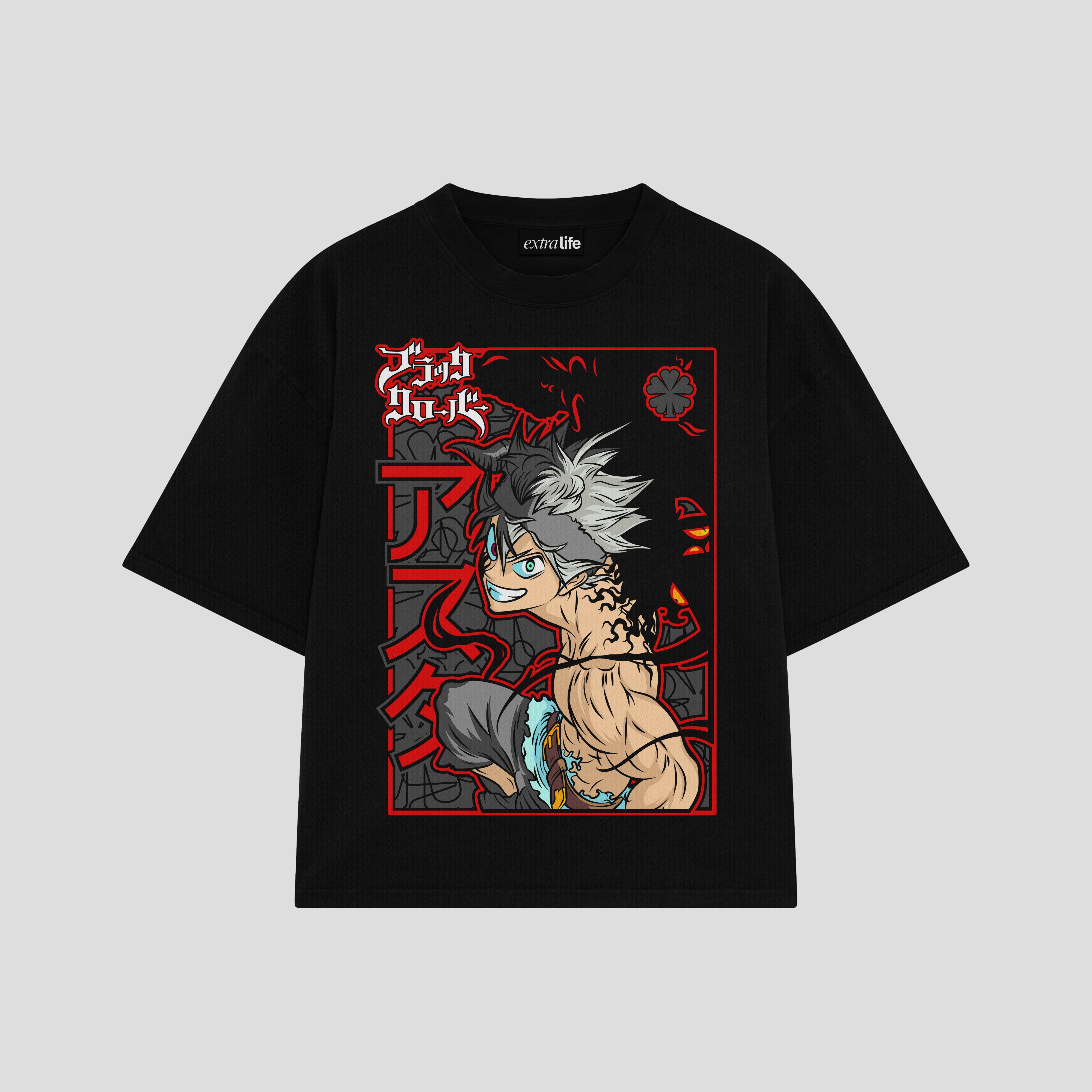 Playera streetwear premium de anime y gaming ExtraLife MX, corte boxy oversized drop shoulder heavyweight en color Deep Black y Off-White, moda urbana mexicana de culto.