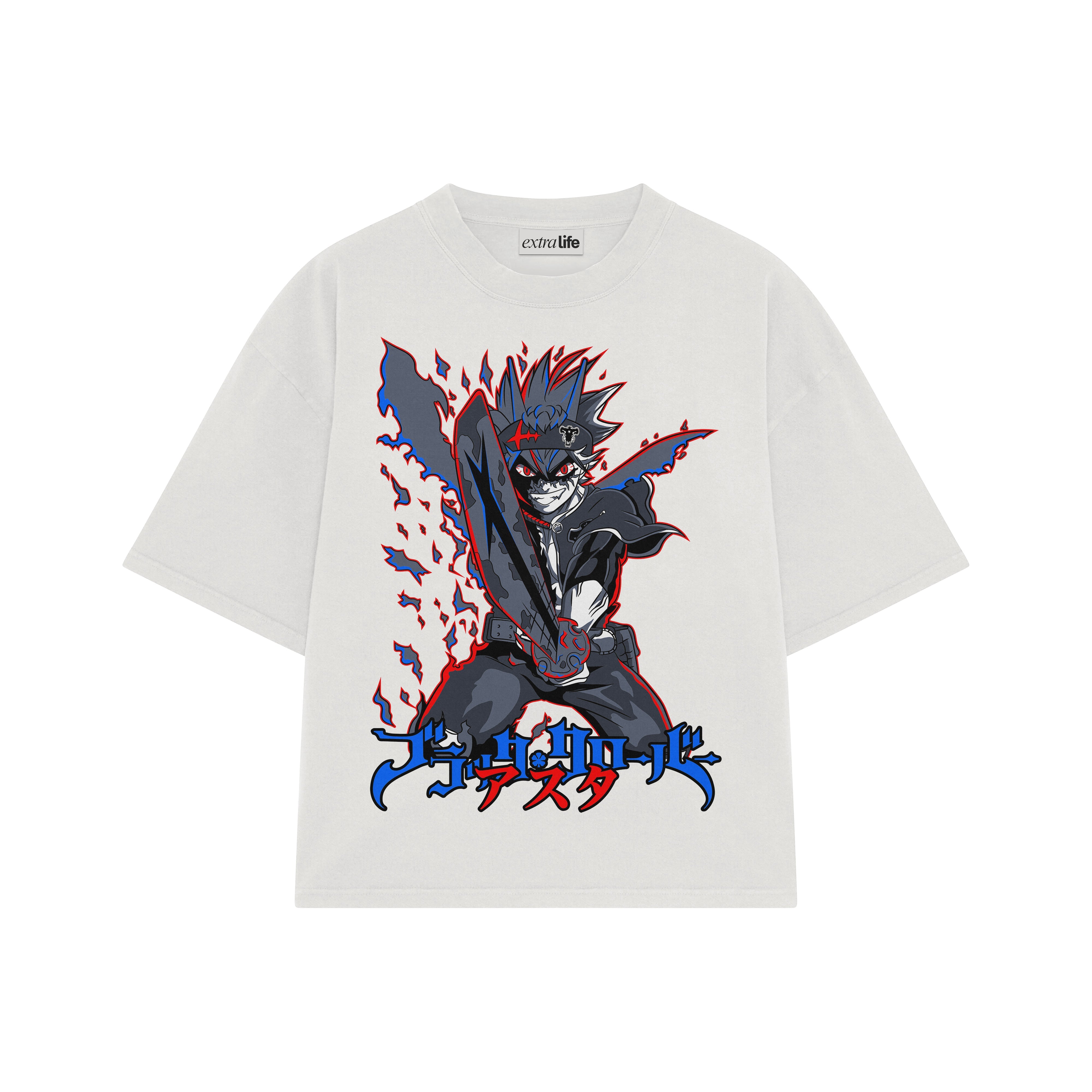 Playera streetwear premium de anime y gaming ExtraLife MX, corte boxy oversized drop shoulder heavyweight en color Deep Black y Off-White, moda urbana mexicana de culto.