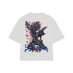 Playera streetwear premium de anime y gaming ExtraLife MX, corte boxy oversized drop shoulder heavyweight en color Deep Black y Off-White, moda urbana mexicana de culto.
