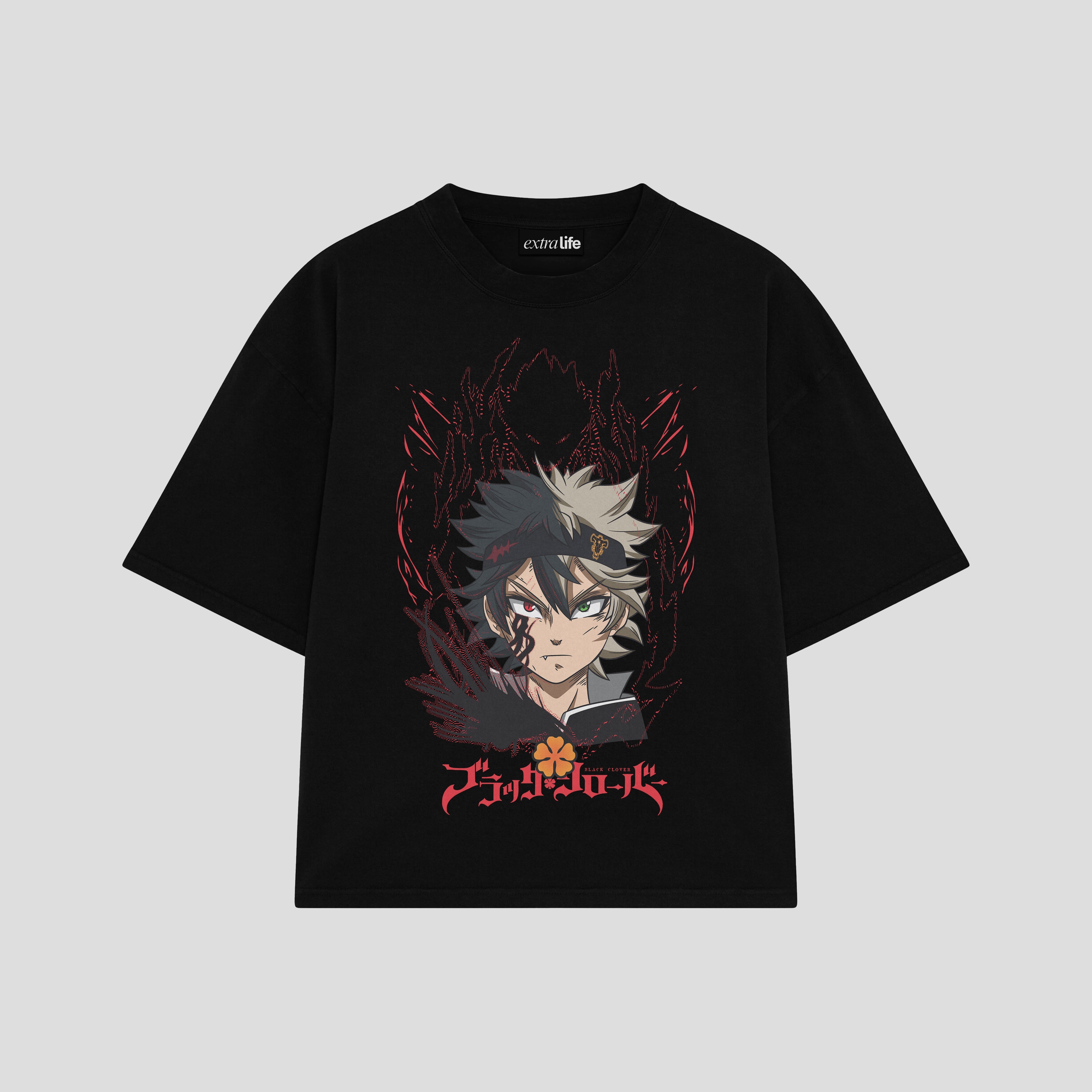 Playera streetwear premium de anime y gaming ExtraLife MX, corte boxy oversized drop shoulder heavyweight en color Deep Black y Off-White, moda urbana mexicana de culto.