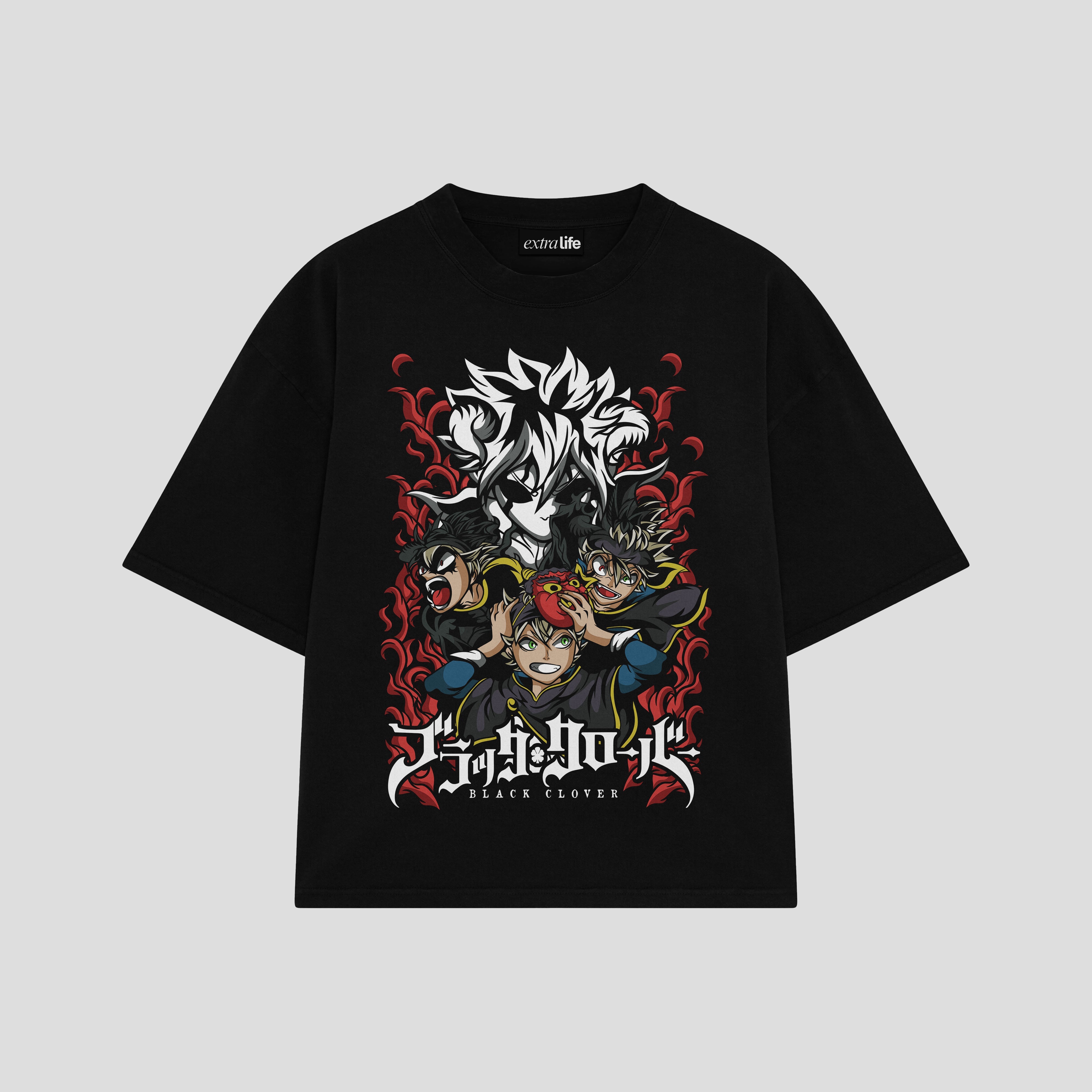 Playera streetwear premium de anime y gaming ExtraLife MX, corte boxy oversized drop shoulder heavyweight en color Deep Black y Off-White, moda urbana mexicana de culto.