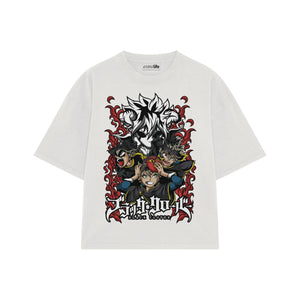 Playera streetwear premium de anime y gaming ExtraLife MX, corte boxy oversized drop shoulder heavyweight en color Deep Black y Off-White, moda urbana mexicana de culto.
