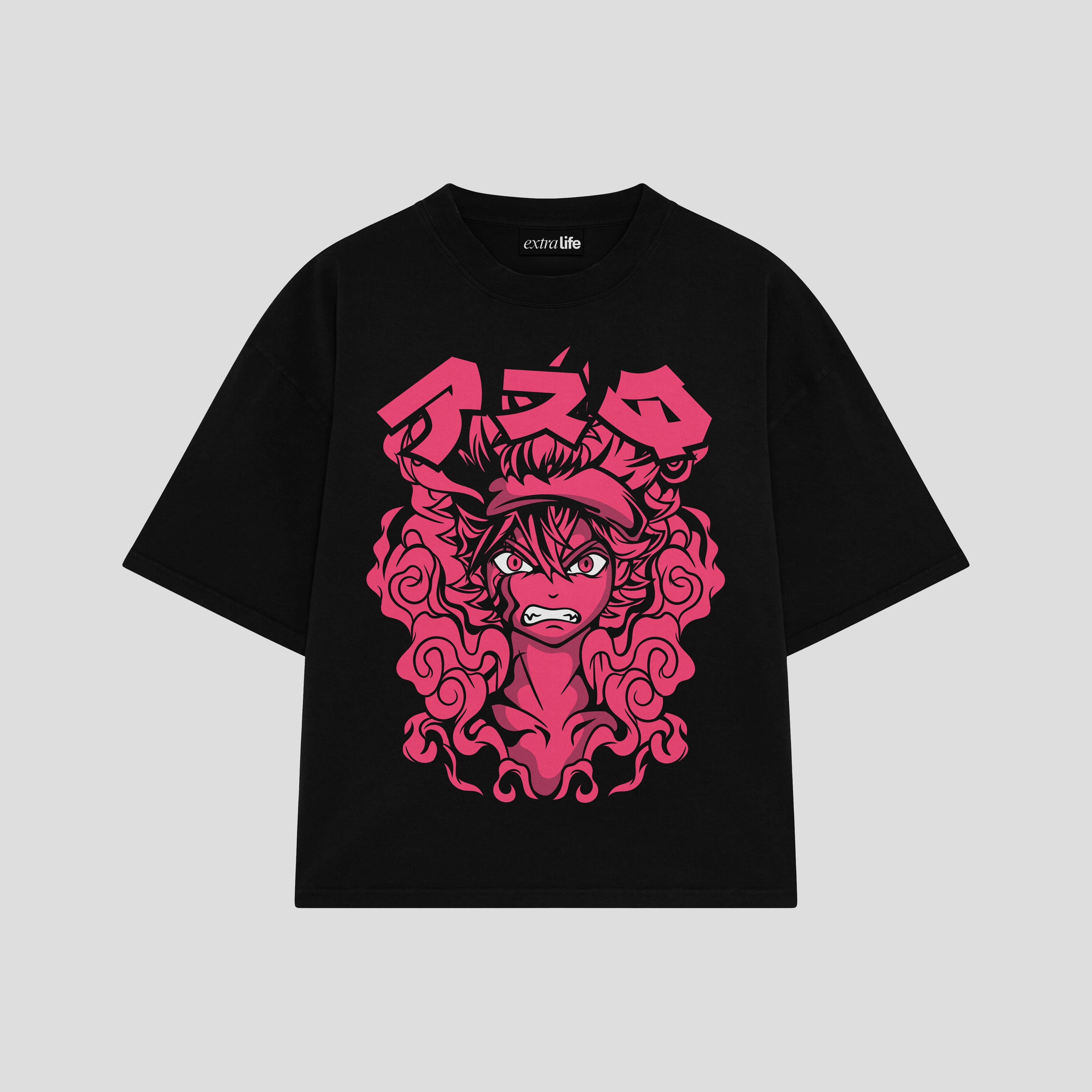 Playera streetwear premium de anime y gaming ExtraLife MX, corte boxy oversized drop shoulder heavyweight en color Deep Black y Off-White, moda urbana mexicana de culto.