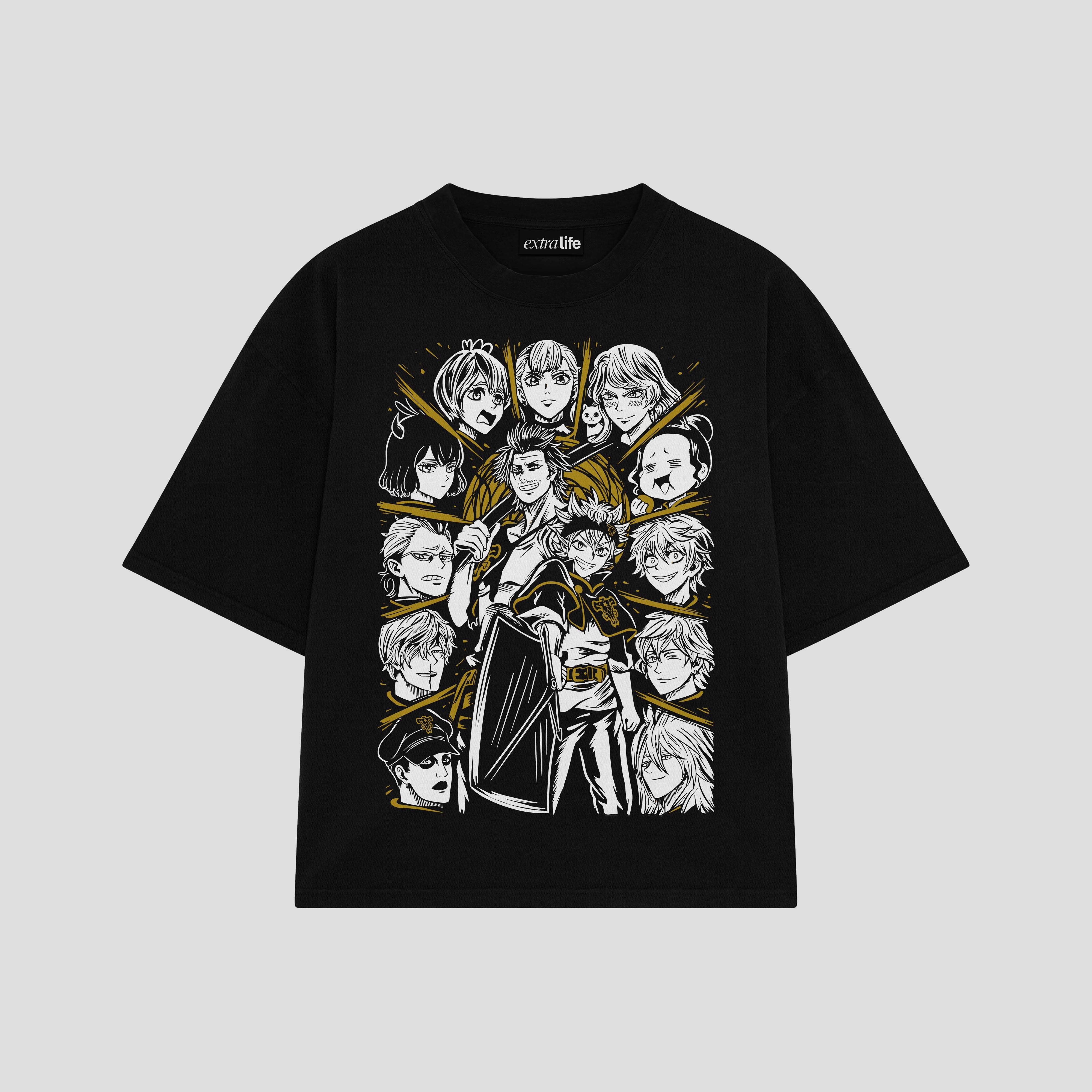 Playera streetwear premium de anime y gaming ExtraLife MX, corte boxy oversized drop shoulder heavyweight en color Deep Black y Off-White, moda urbana mexicana de culto.