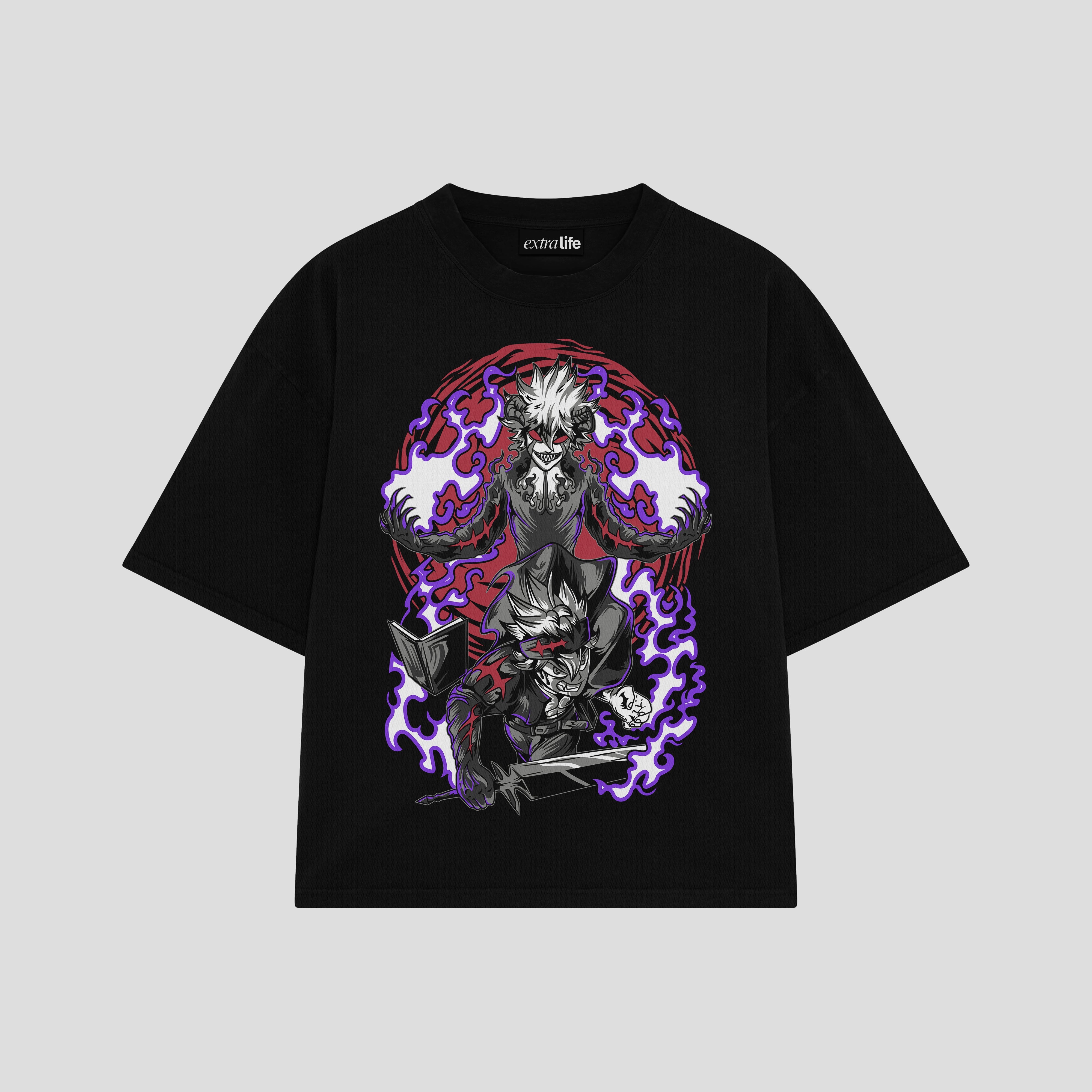 Playera streetwear premium de anime y gaming ExtraLife MX, corte boxy oversized drop shoulder heavyweight en color Deep Black y Off-White, moda urbana mexicana de culto.