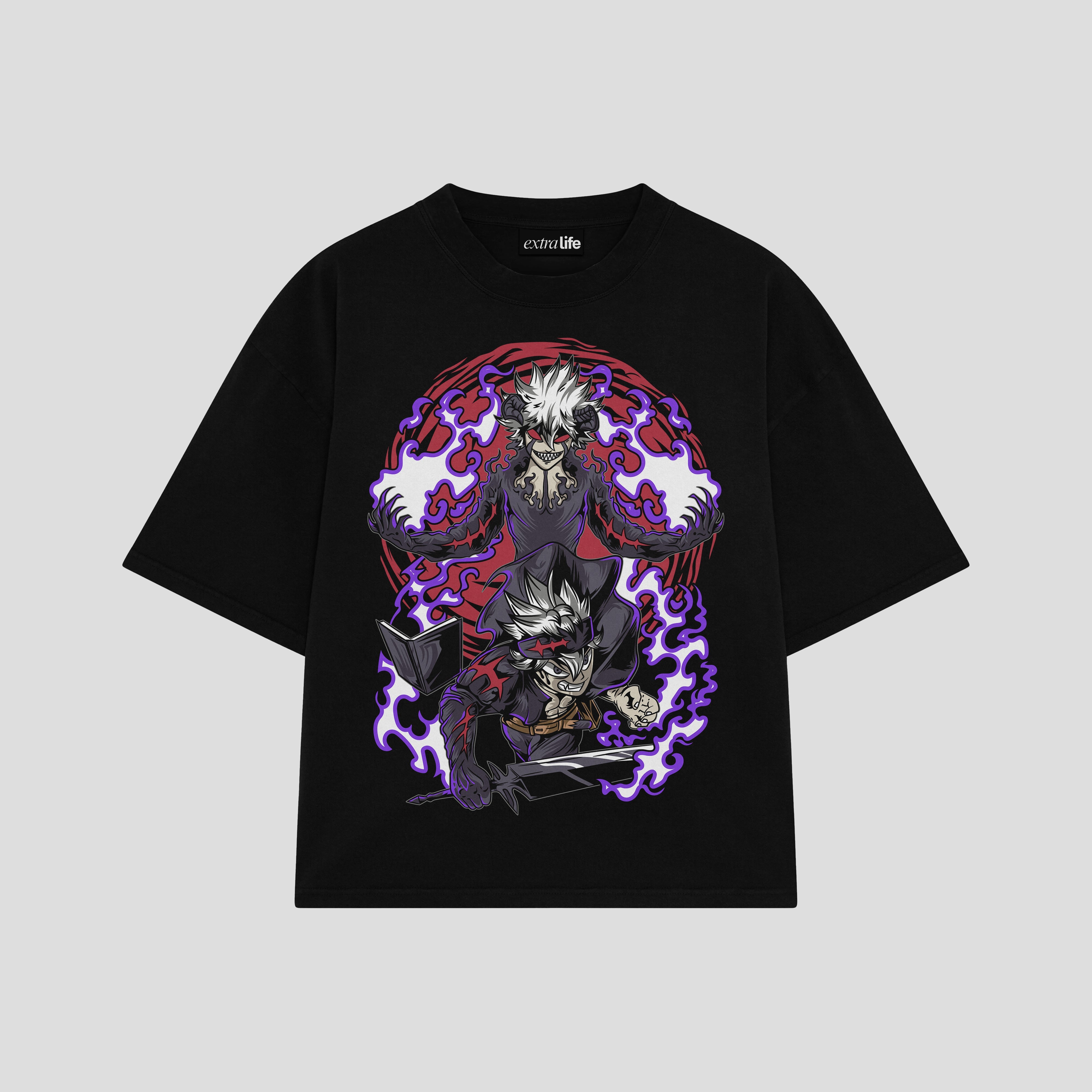 Playera streetwear premium de anime y gaming ExtraLife MX, corte boxy oversized drop shoulder heavyweight en color Deep Black y Off-White, moda urbana mexicana de culto.