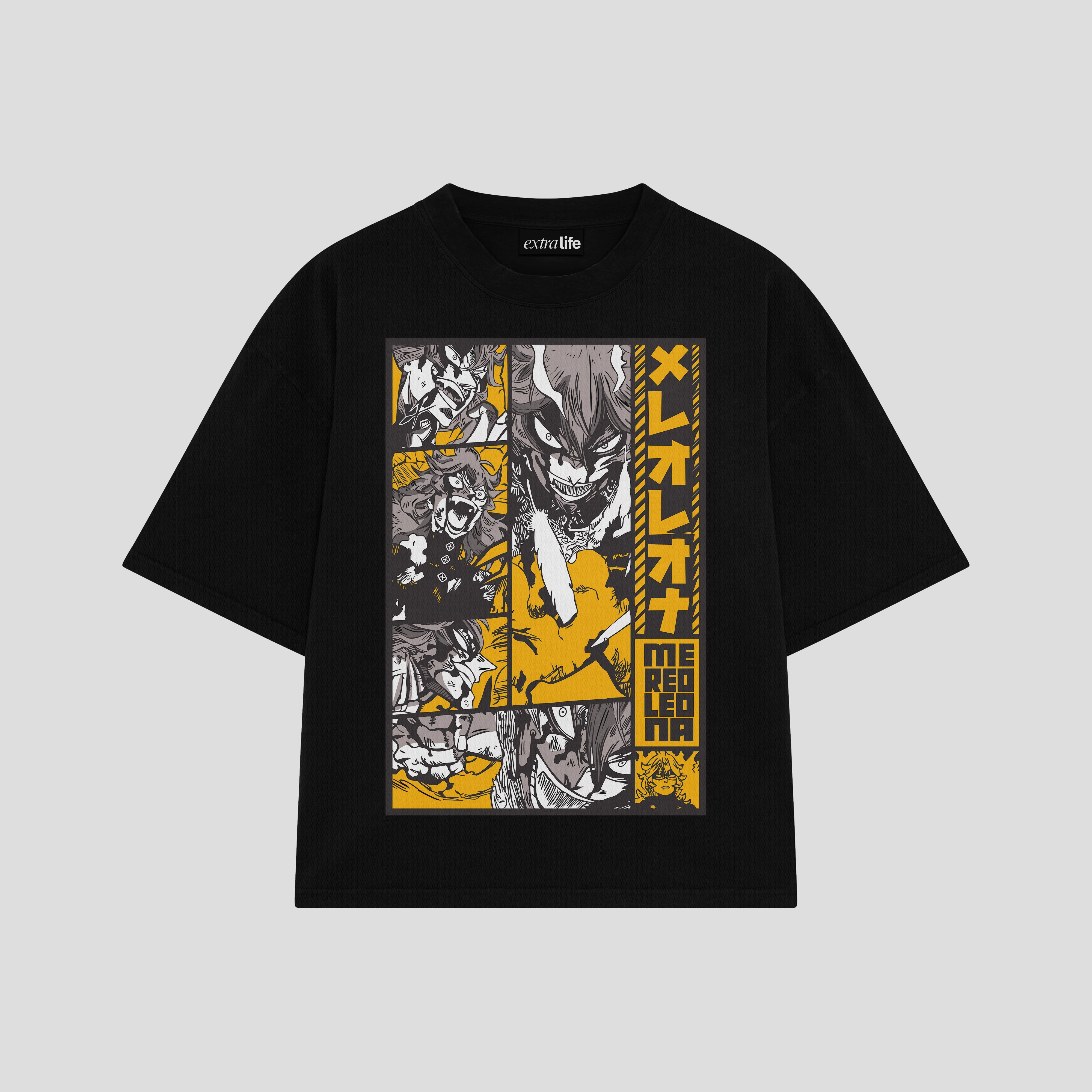 Playera streetwear premium de anime y gaming ExtraLife MX, corte boxy oversized drop shoulder heavyweight en color Deep Black y Off-White, moda urbana mexicana de culto.