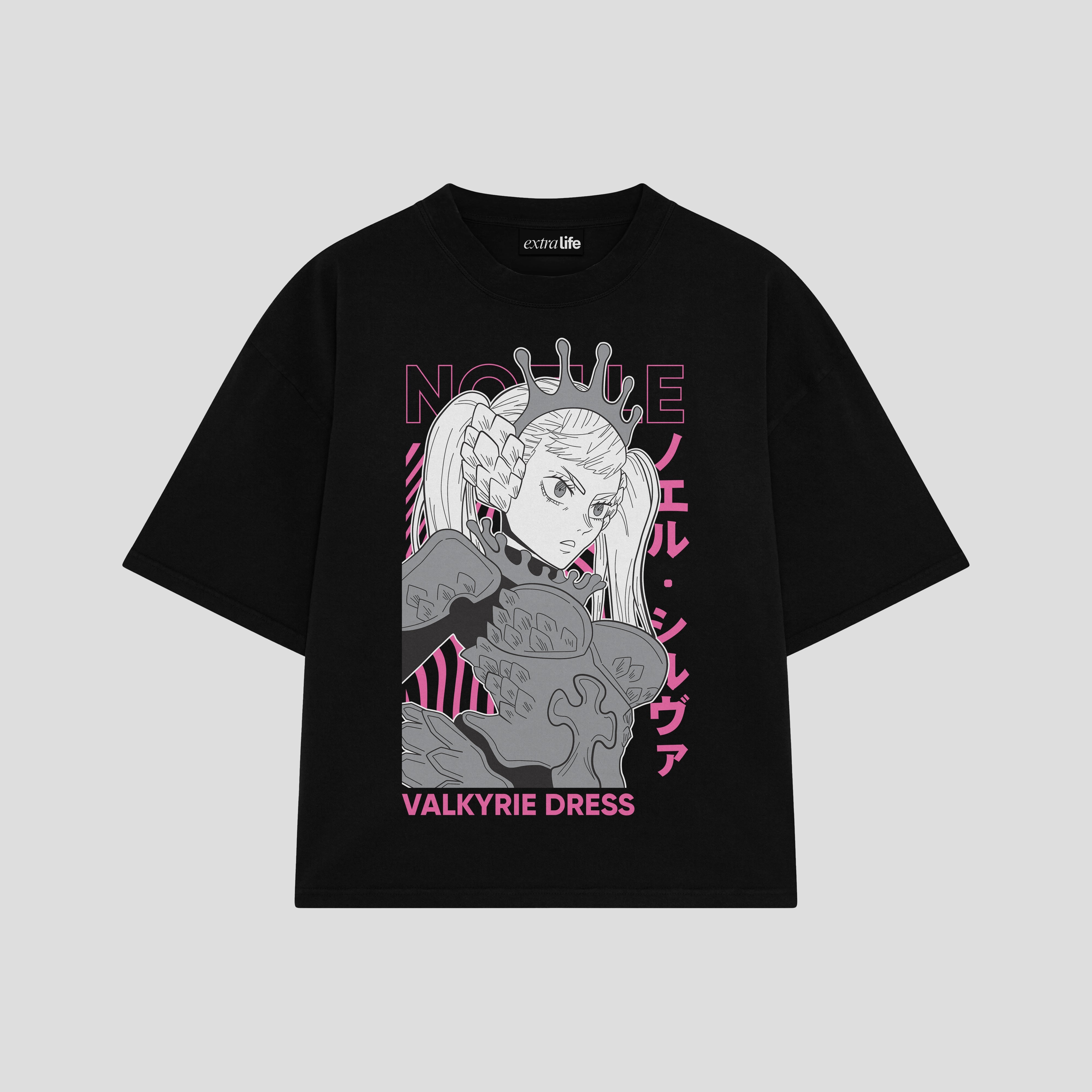 Playera streetwear premium de anime y gaming ExtraLife MX, corte boxy oversized drop shoulder heavyweight en color Deep Black y Off-White, moda urbana mexicana de culto.