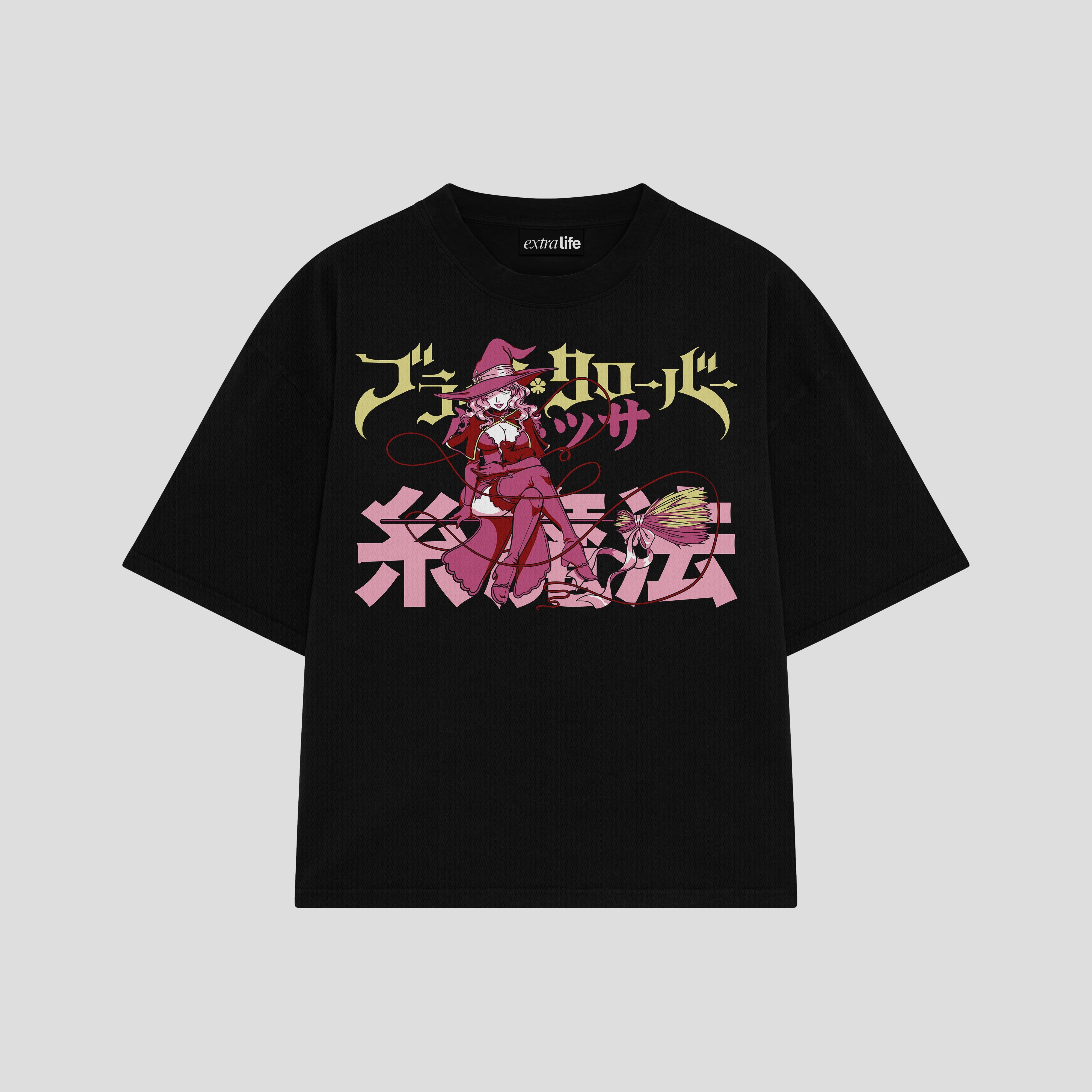 Playera streetwear premium de anime y gaming ExtraLife MX, corte boxy oversized drop shoulder heavyweight en color Deep Black y Off-White, moda urbana mexicana de culto.