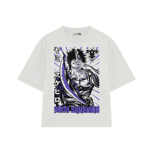 Playera streetwear premium de anime y gaming ExtraLife MX, corte boxy oversized drop shoulder heavyweight en color Deep Black y Off-White, moda urbana mexicana de culto.