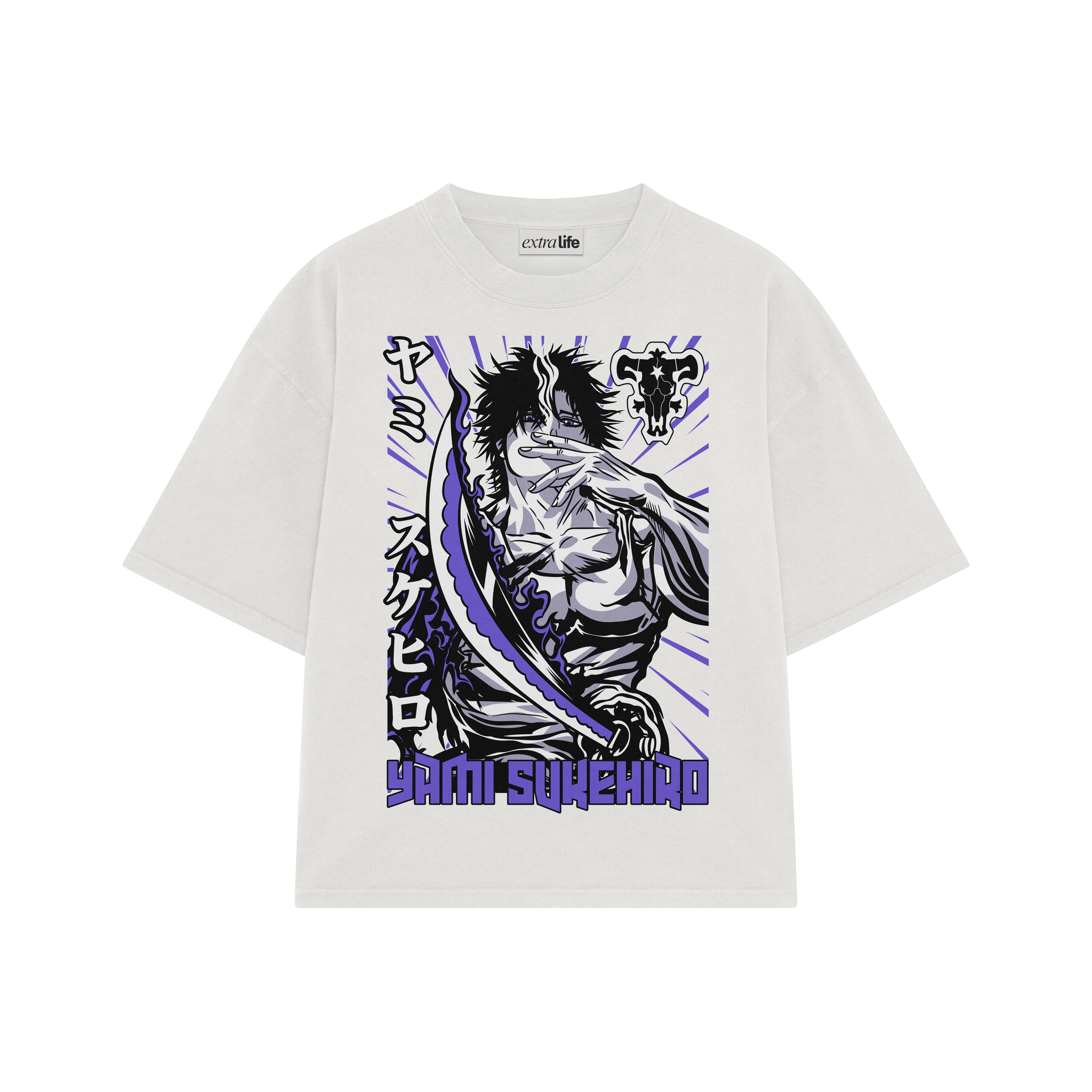 Playera streetwear premium de anime y gaming ExtraLife MX, corte boxy oversized drop shoulder heavyweight en color Deep Black y Off-White, moda urbana mexicana de culto.