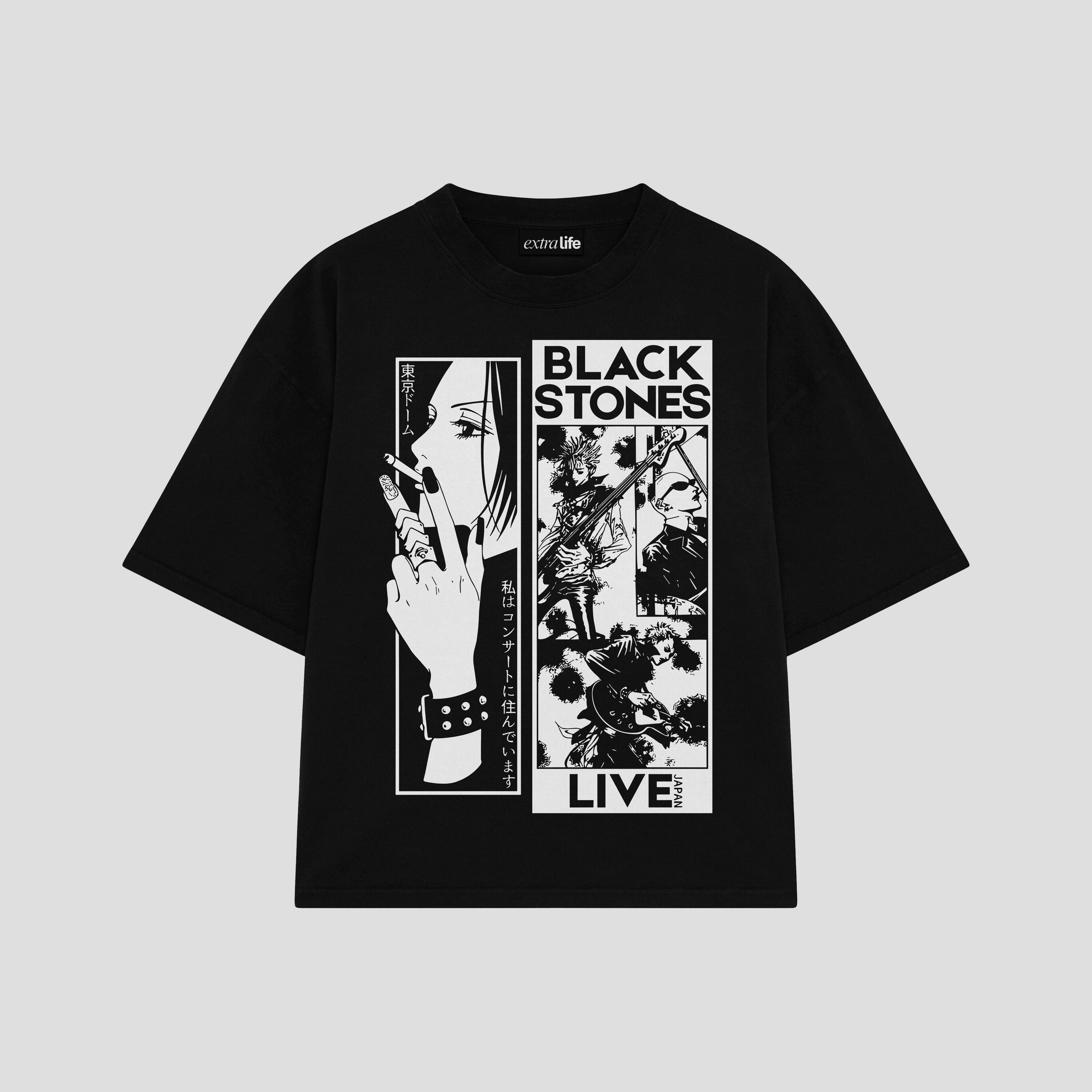 Playera streetwear premium de anime y gaming ExtraLife MX, corte boxy oversized drop shoulder heavyweight en color Deep Black y Off-White, moda urbana mexicana de culto.