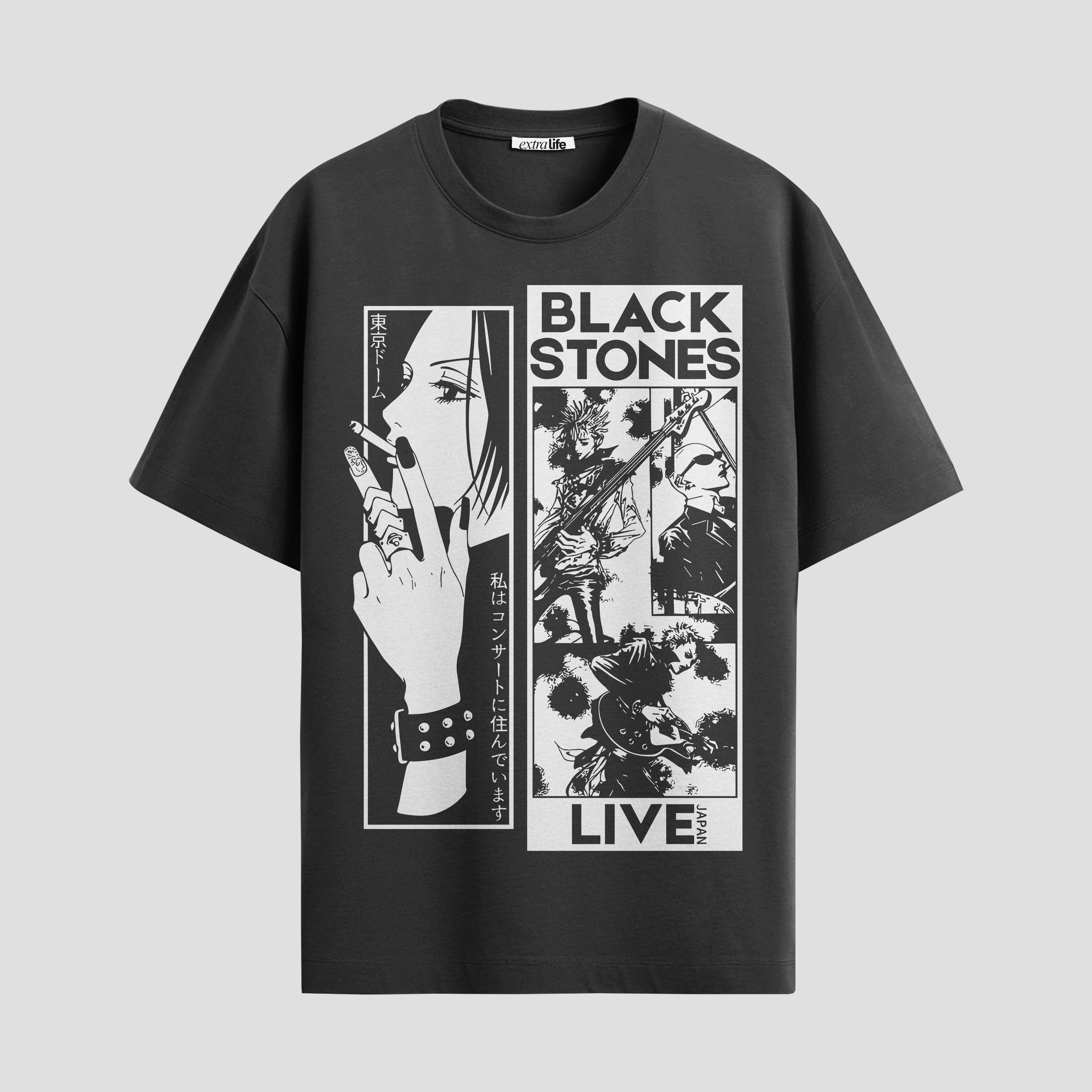 Playera urbana de anime y gaming ExtraLife MX, corte Standard Fit unisex ligero y transpirable en color Deep Black y Pure White, ropa de uso diario para gym y casual.