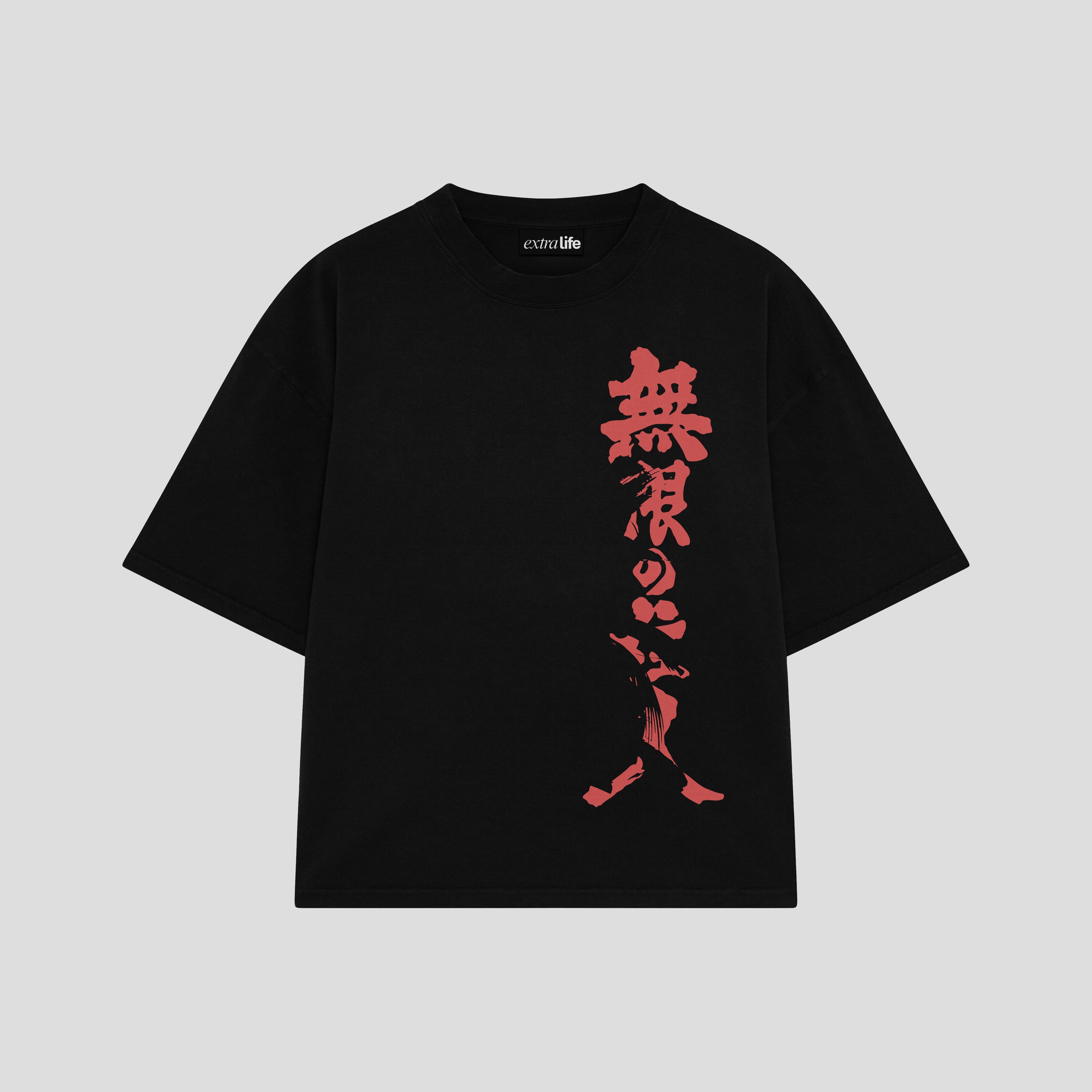 Playera streetwear premium de anime y gaming ExtraLife MX, corte boxy oversized drop shoulder heavyweight en color Deep Black y Off-White, moda urbana mexicana de culto.