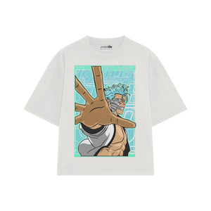 Playera streetwear premium de anime y gaming ExtraLife MX, corte boxy oversized drop shoulder heavyweight en color Deep Black y Off-White, moda urbana mexicana de culto.