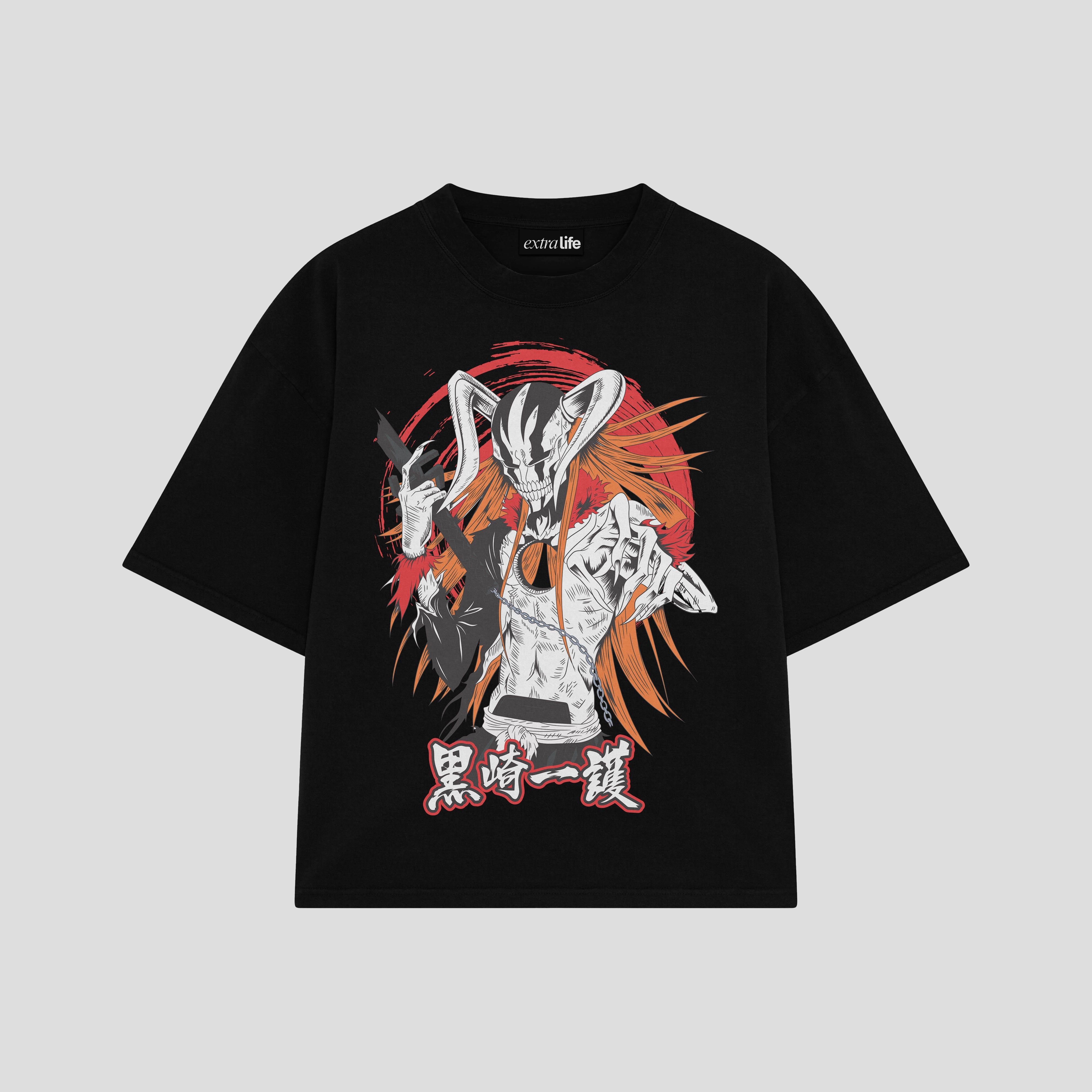 Playera streetwear premium de anime y gaming ExtraLife MX, corte boxy oversized drop shoulder heavyweight en color Deep Black y Off-White, moda urbana mexicana de culto.