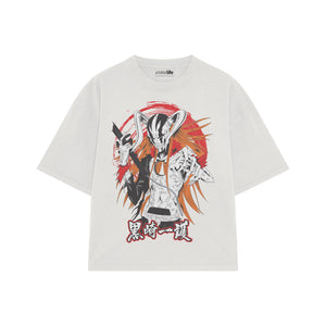 Playera streetwear premium de anime y gaming ExtraLife MX, corte boxy oversized drop shoulder heavyweight en color Deep Black y Off-White, moda urbana mexicana de culto.