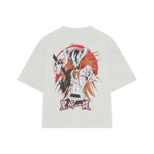Playera streetwear premium de anime y gaming ExtraLife MX, corte boxy oversized drop shoulder heavyweight en color Deep Black y Off-White, moda urbana mexicana de culto.