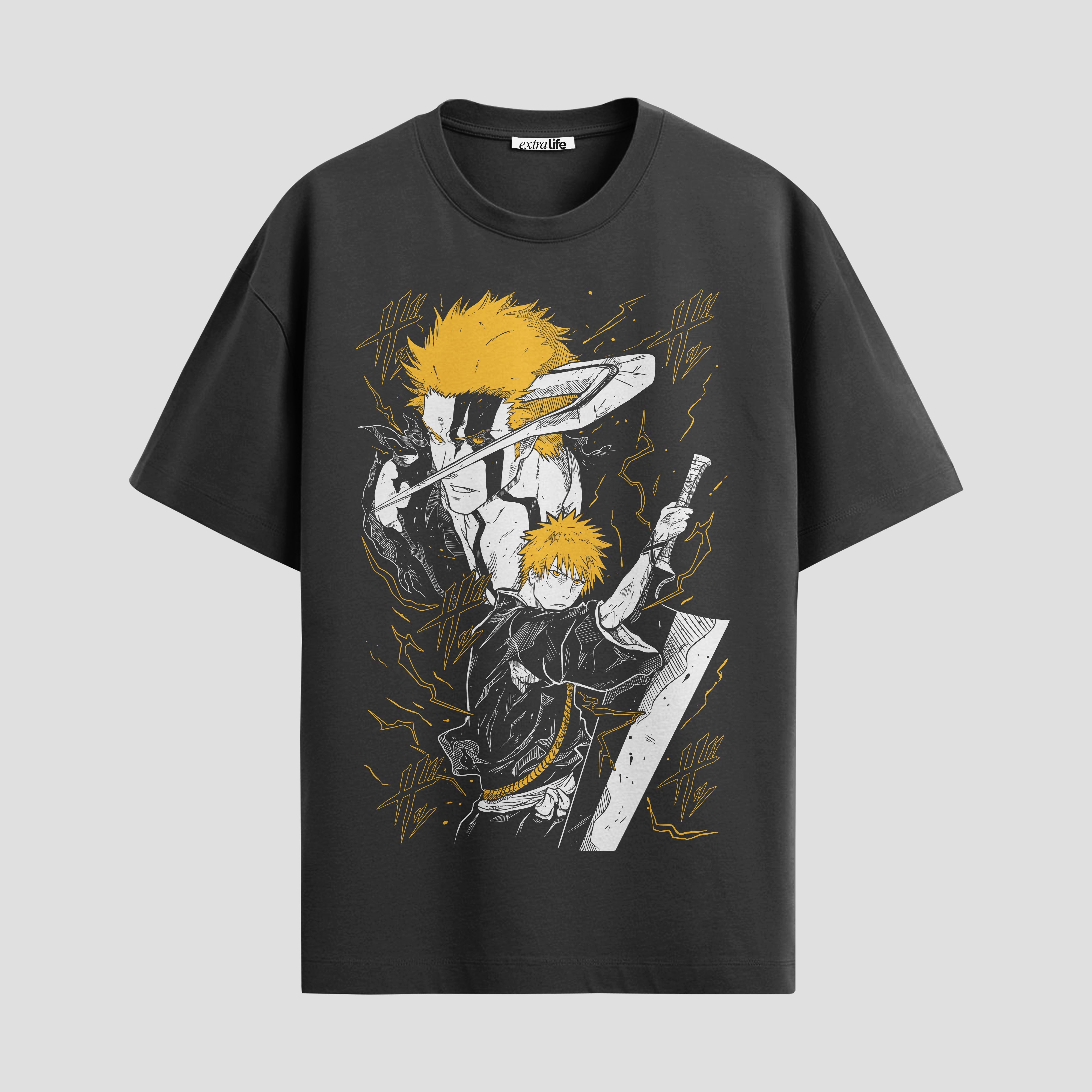 Playera urbana de anime y gaming ExtraLife MX, corte Standard Fit unisex ligero y transpirable en color Deep Black y Pure White, ropa de uso diario para gym y casual.