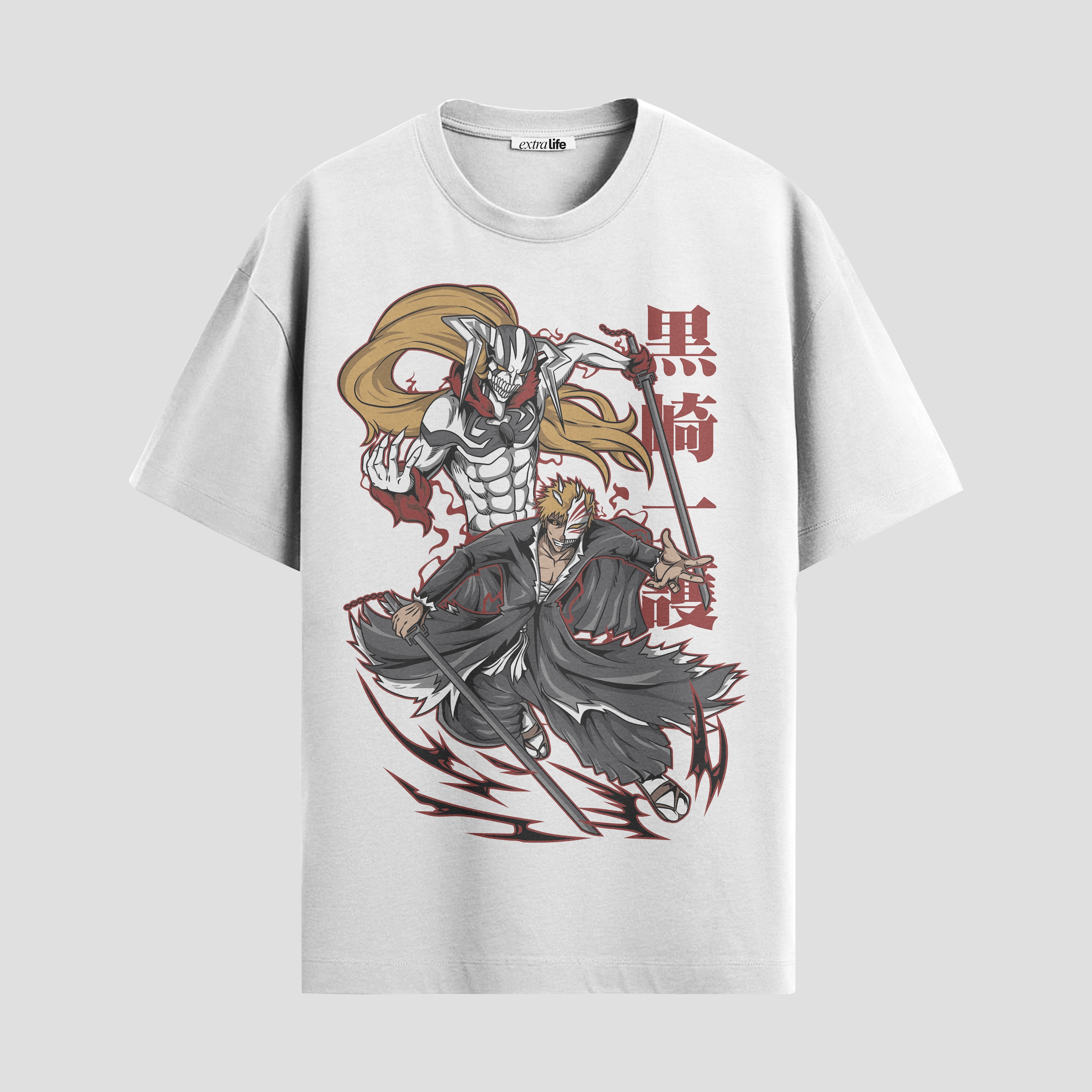 Playera urbana de anime y gaming ExtraLife MX, corte Standard Fit unisex ligero y transpirable en color Deep Black y Pure White, ropa de uso diario para gym y casual.