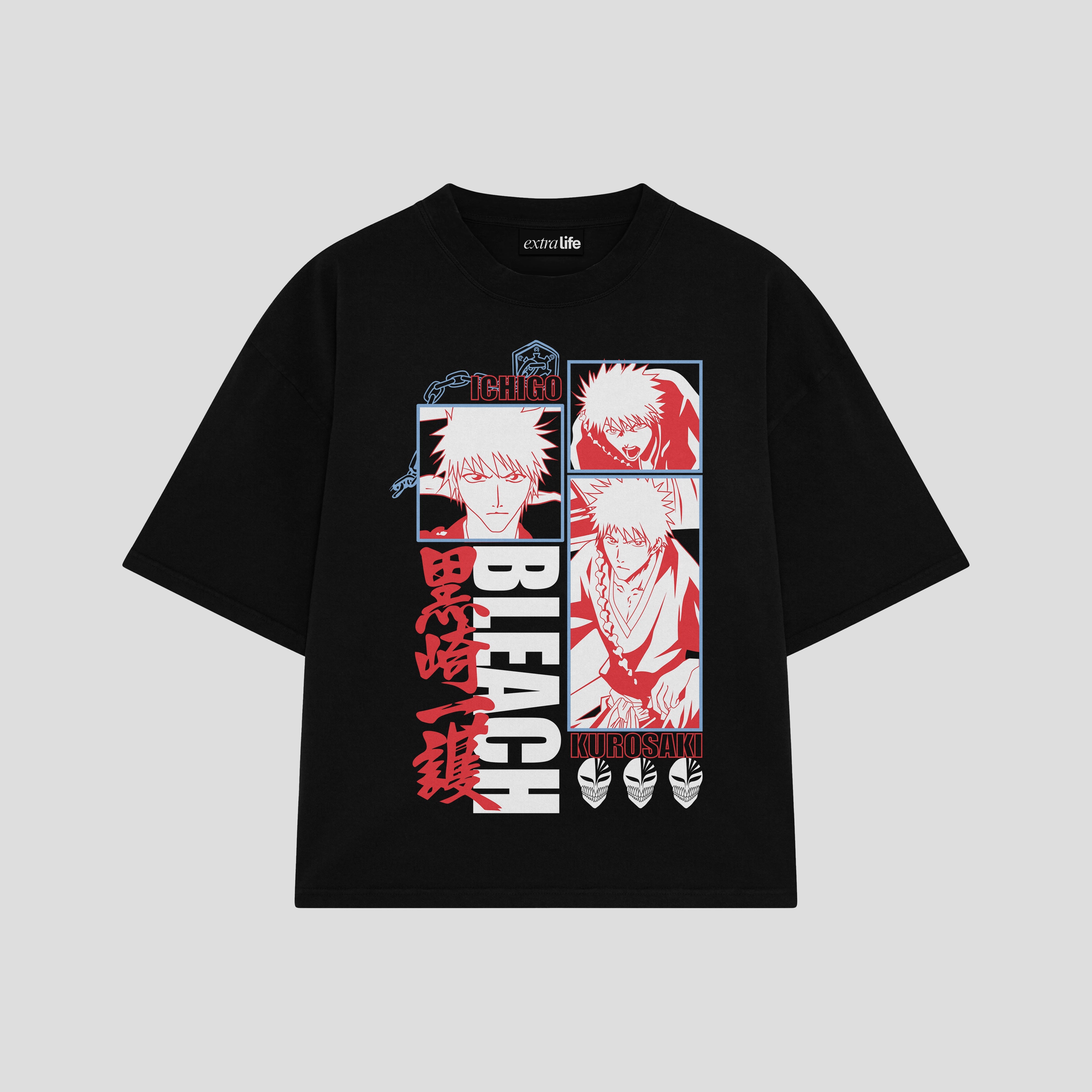 Playera streetwear premium de anime y gaming ExtraLife MX, corte boxy oversized drop shoulder heavyweight en color Deep Black y Off-White, moda urbana mexicana de culto.