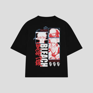 Playera streetwear premium de anime y gaming ExtraLife MX, corte boxy oversized drop shoulder heavyweight en color Deep Black y Off-White, moda urbana mexicana de culto.