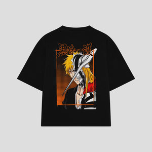 Playera streetwear premium de anime y gaming ExtraLife MX, corte boxy oversized drop shoulder heavyweight en color Deep Black y Off-White, moda urbana mexicana de culto.