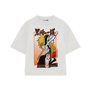 Playera streetwear premium de anime y gaming ExtraLife MX, corte boxy oversized drop shoulder heavyweight en color Deep Black y Off-White, moda urbana mexicana de culto.