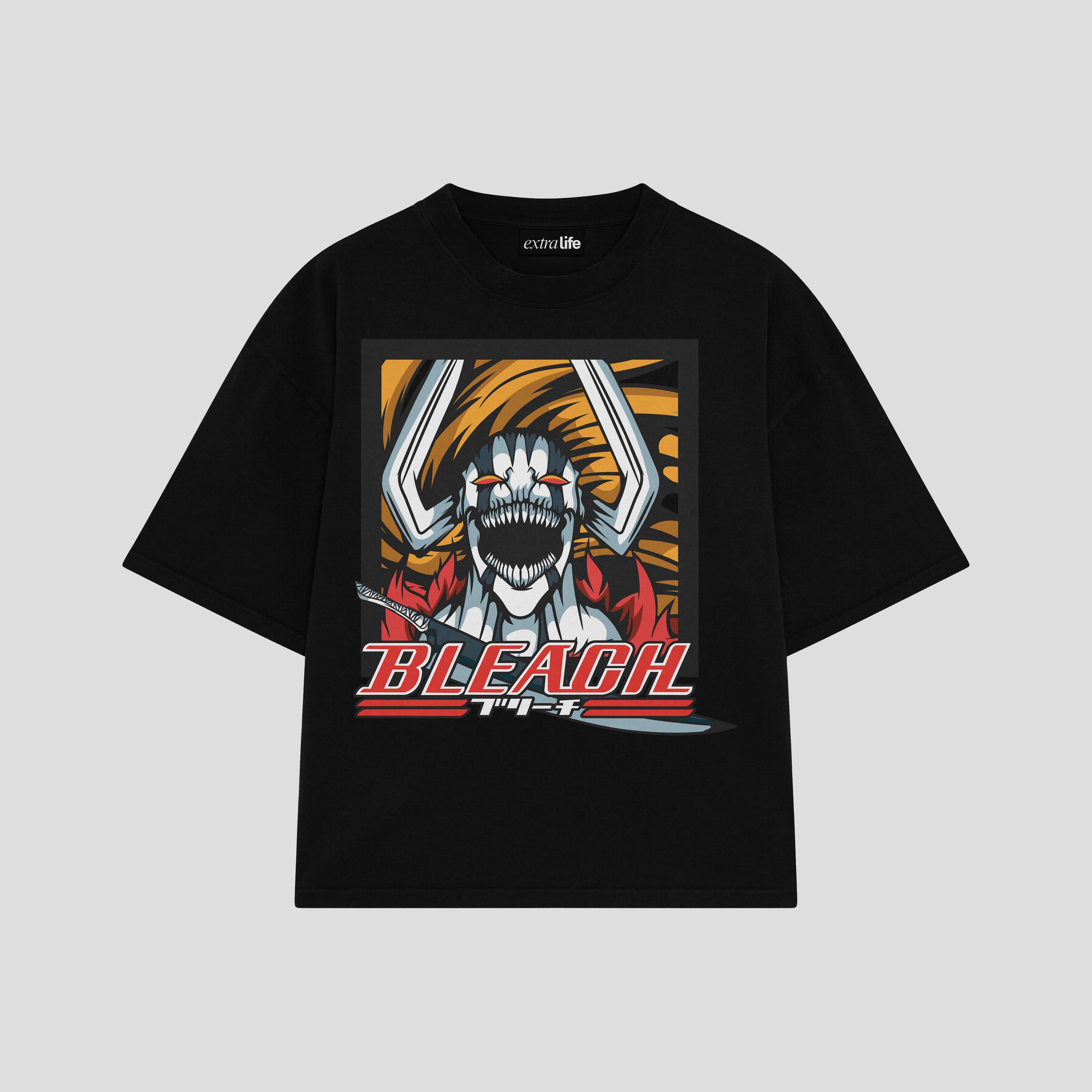 Playera streetwear premium de anime y gaming ExtraLife MX, corte boxy oversized drop shoulder heavyweight en color Deep Black y Off-White, moda urbana mexicana de culto.