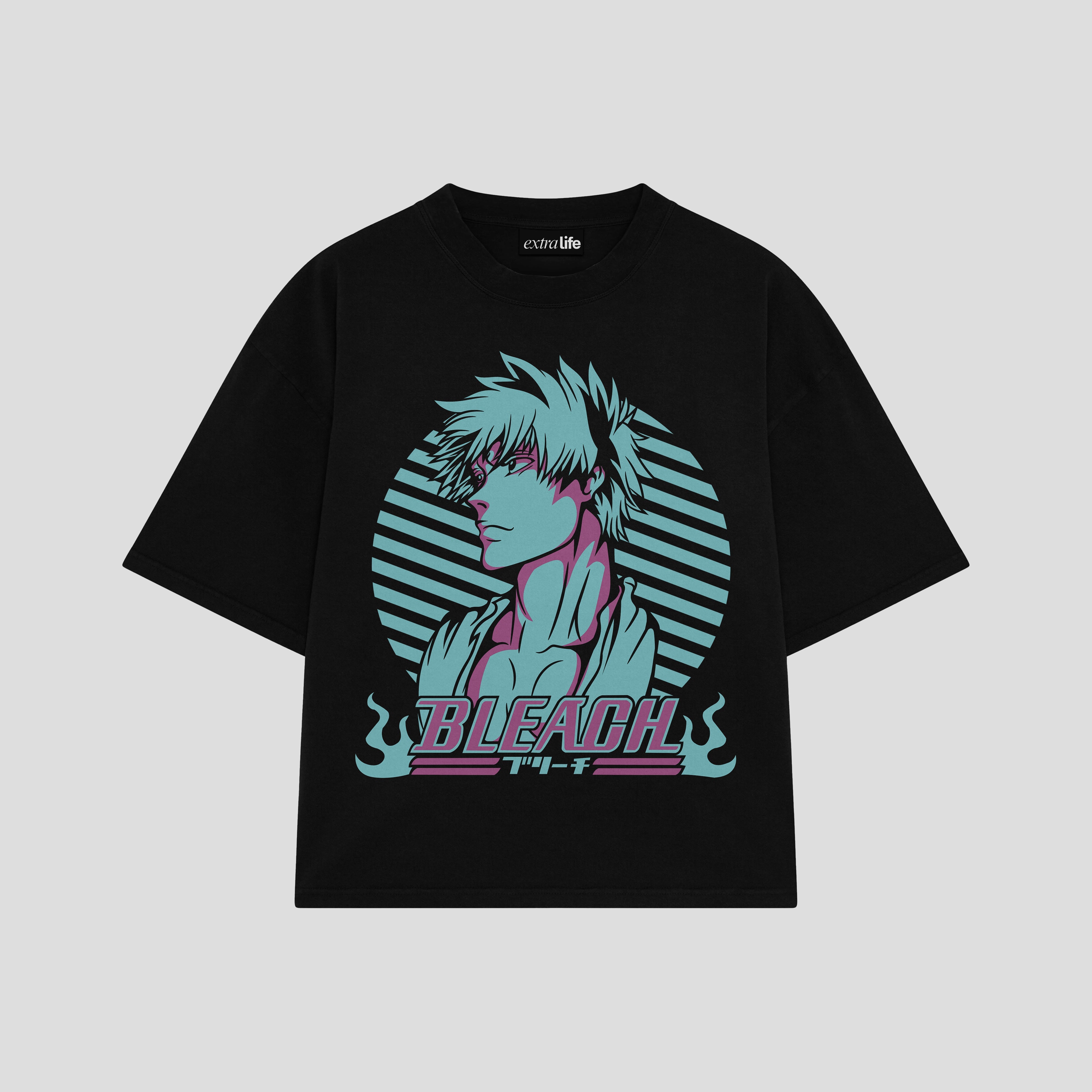 Playera streetwear premium de anime y gaming ExtraLife MX, corte boxy oversized drop shoulder heavyweight en color Deep Black y Off-White, moda urbana mexicana de culto.