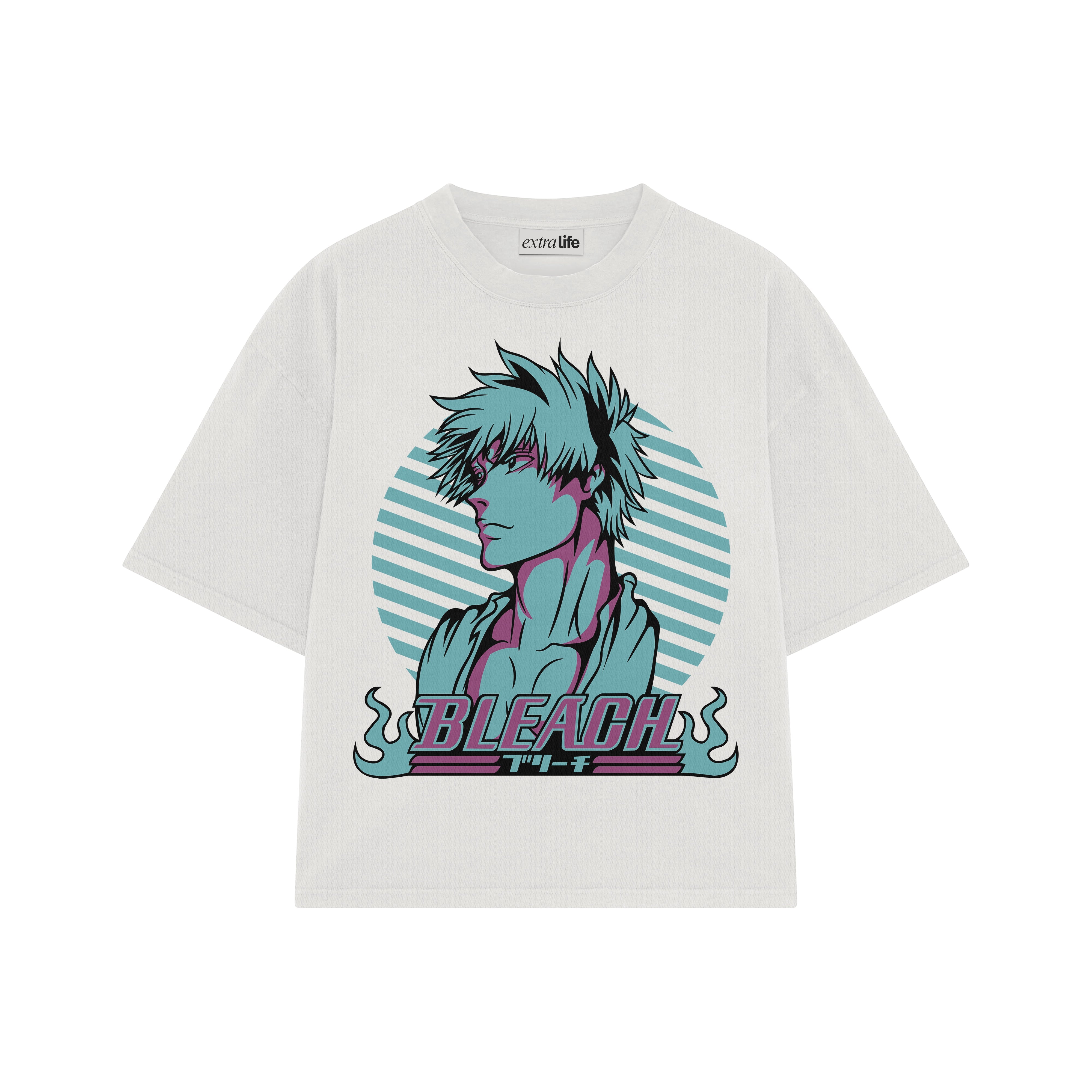 Playera streetwear premium de anime y gaming ExtraLife MX, corte boxy oversized drop shoulder heavyweight en color Deep Black y Off-White, moda urbana mexicana de culto.
