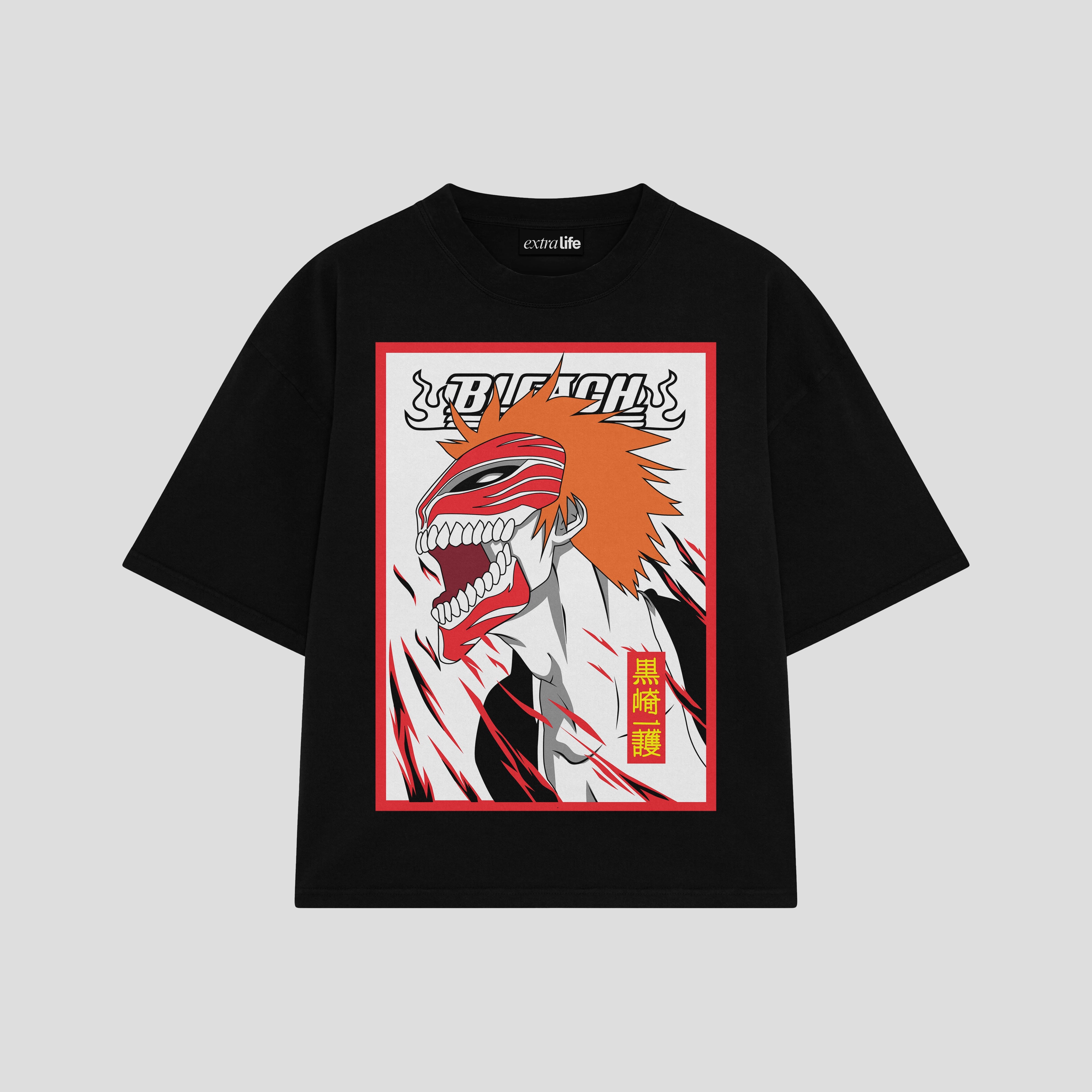 Playera streetwear premium de anime y gaming ExtraLife MX, corte boxy oversized drop shoulder heavyweight en color Deep Black y Off-White, moda urbana mexicana de culto.