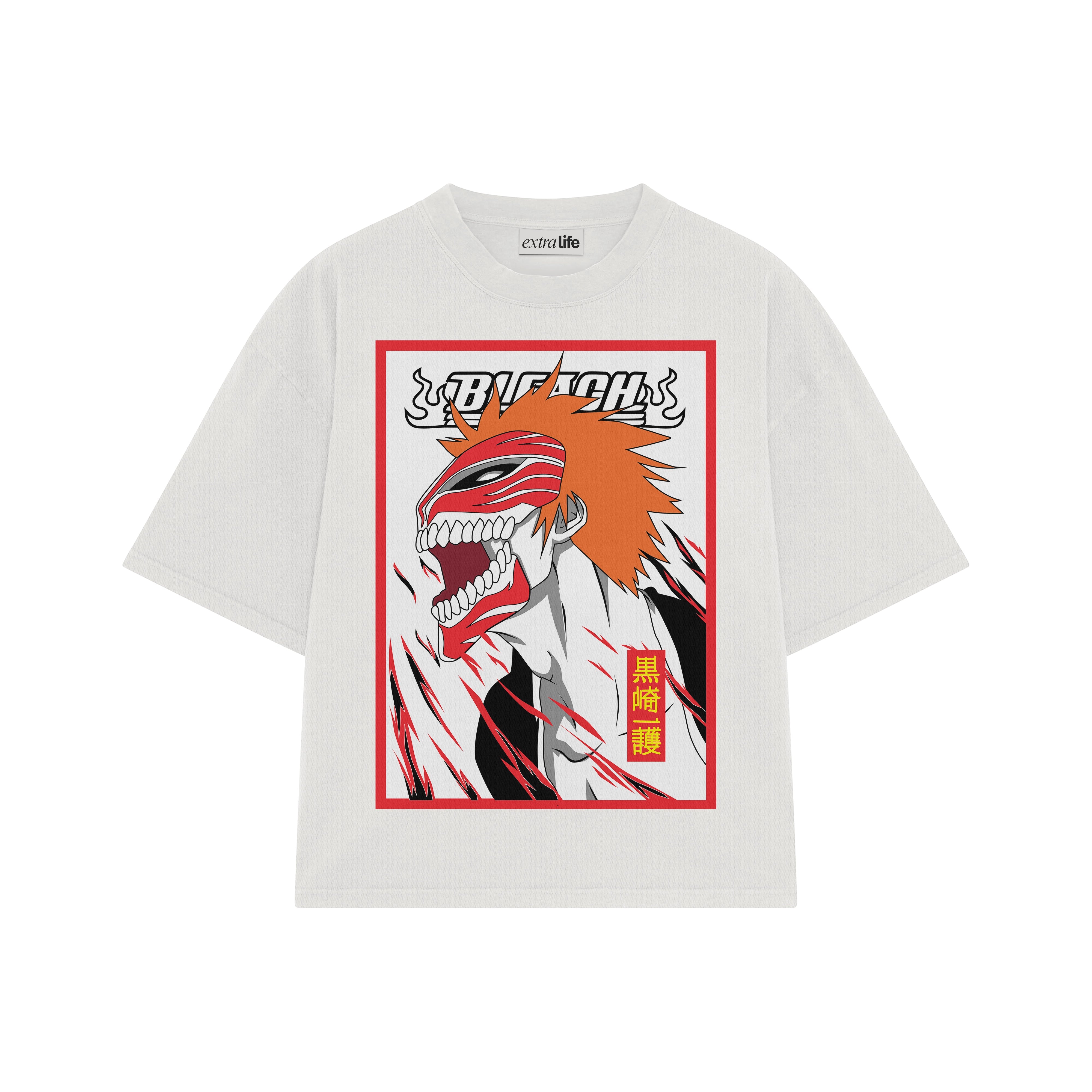 Playera streetwear premium de anime y gaming ExtraLife MX, corte boxy oversized drop shoulder heavyweight en color Deep Black y Off-White, moda urbana mexicana de culto.