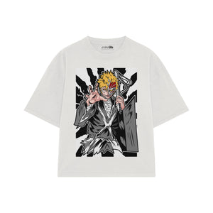 Playera streetwear premium de anime y gaming ExtraLife MX, corte boxy oversized drop shoulder heavyweight en color Deep Black y Off-White, moda urbana mexicana de culto.