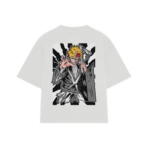 Playera streetwear premium de anime y gaming ExtraLife MX, corte boxy oversized drop shoulder heavyweight en color Deep Black y Off-White, moda urbana mexicana de culto.