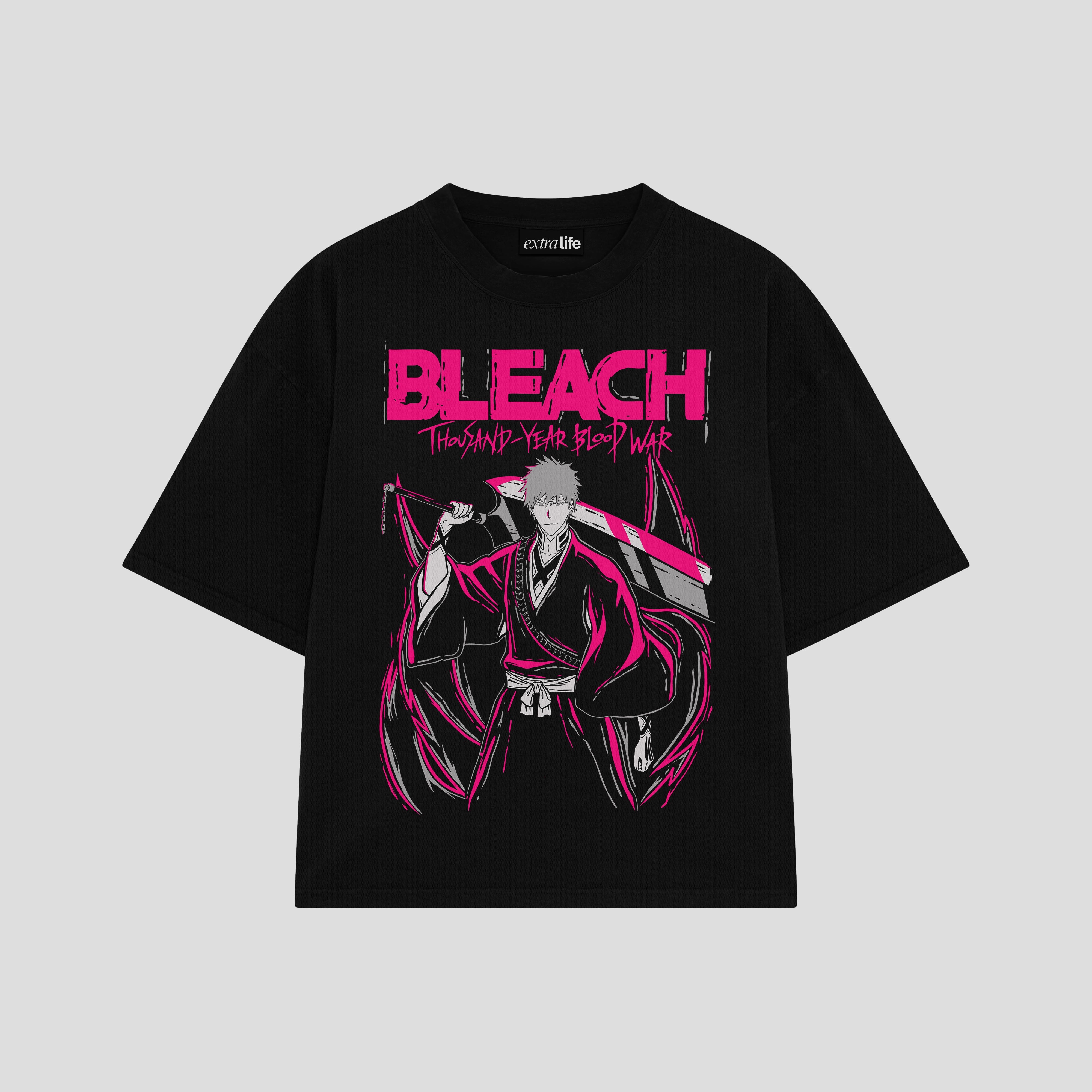Playera streetwear premium de anime y gaming ExtraLife MX, corte boxy oversized drop shoulder heavyweight en color Deep Black y Off-White, moda urbana mexicana de culto.