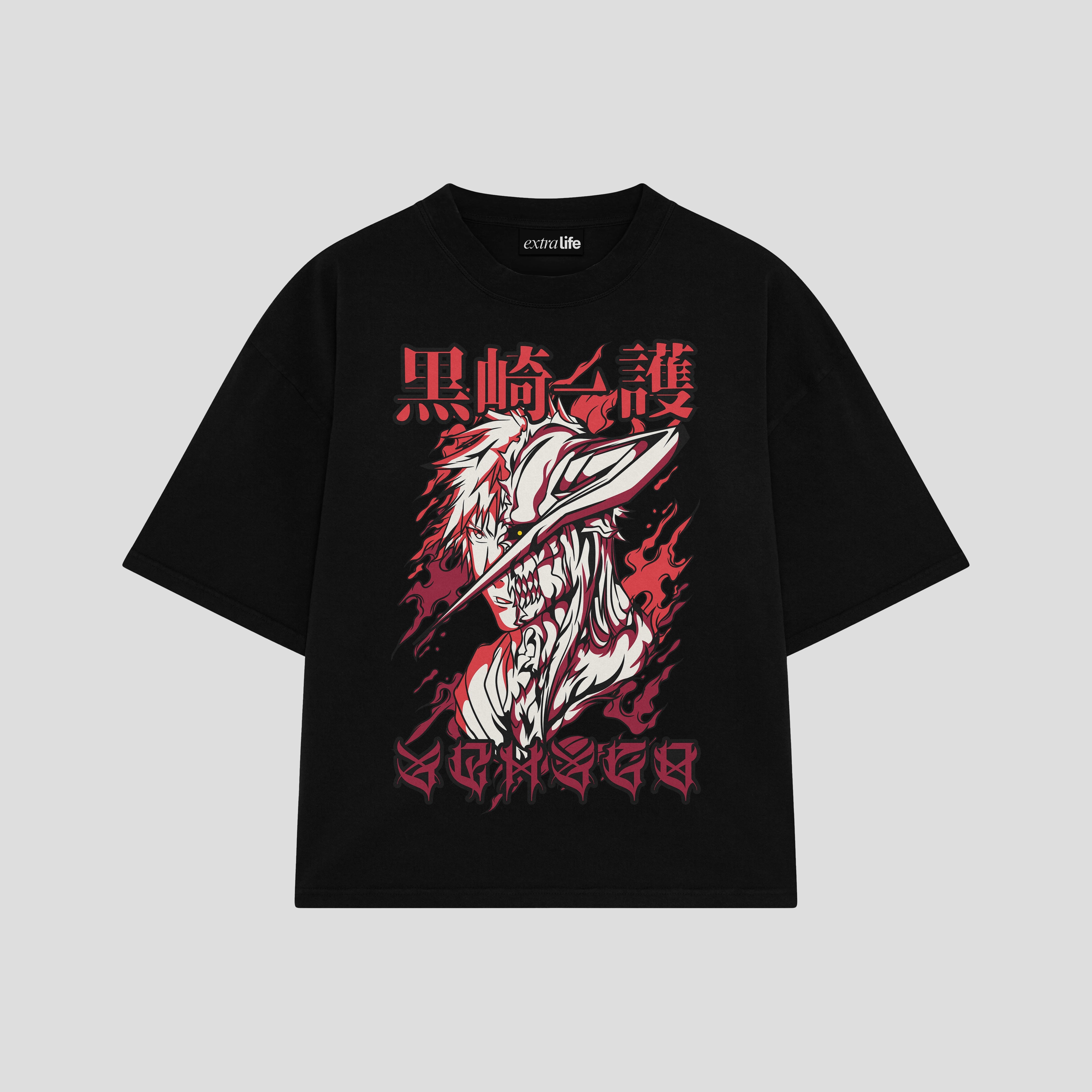 Playera streetwear premium de anime y gaming ExtraLife MX, corte boxy oversized drop shoulder heavyweight en color Deep Black y Off-White, moda urbana mexicana de culto.