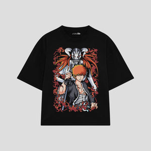 Playera streetwear premium de anime y gaming ExtraLife MX, corte boxy oversized drop shoulder heavyweight en color Deep Black y Off-White, moda urbana mexicana de culto.