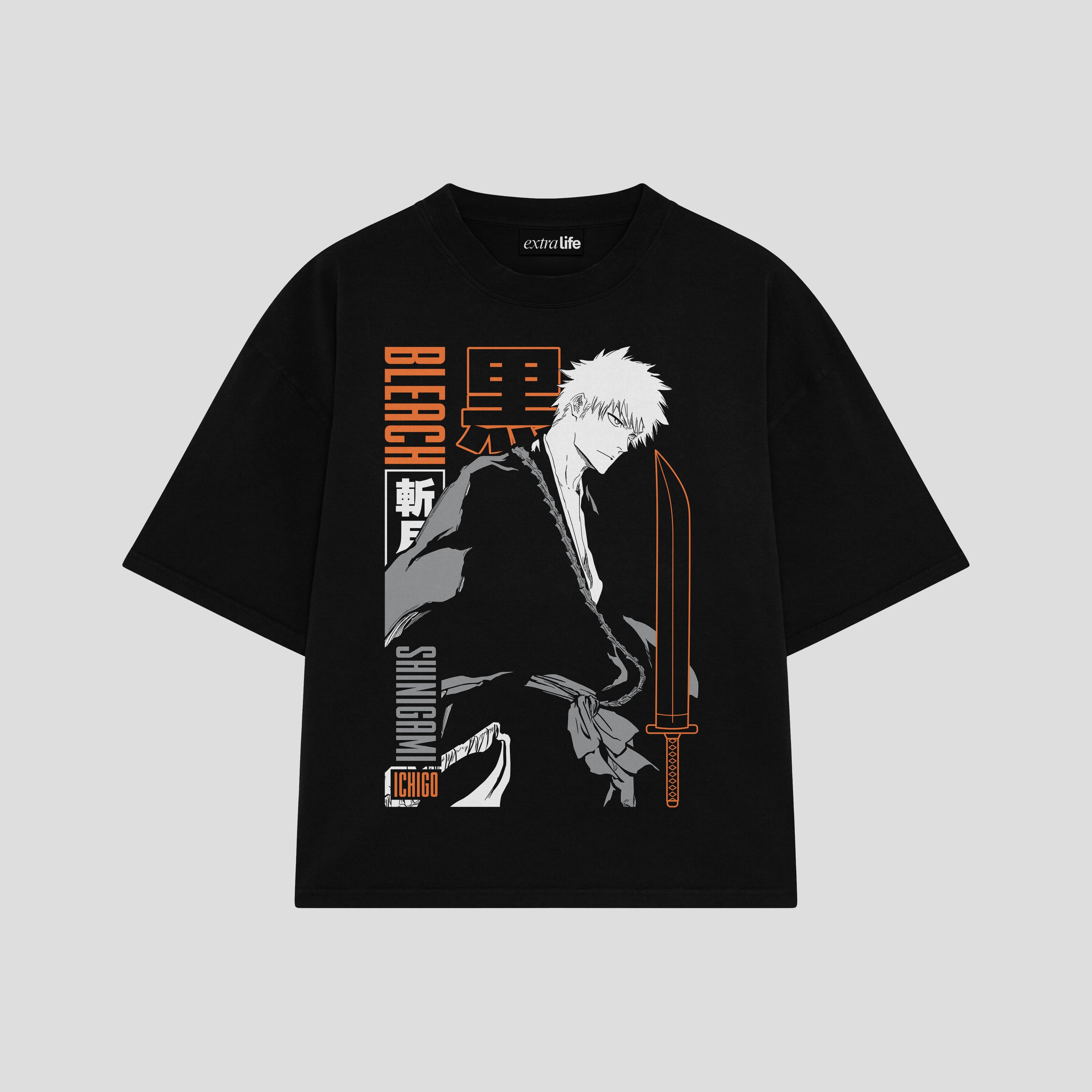 Playera streetwear premium de anime y gaming ExtraLife MX, corte boxy oversized drop shoulder heavyweight en color Deep Black y Off-White, moda urbana mexicana de culto.
