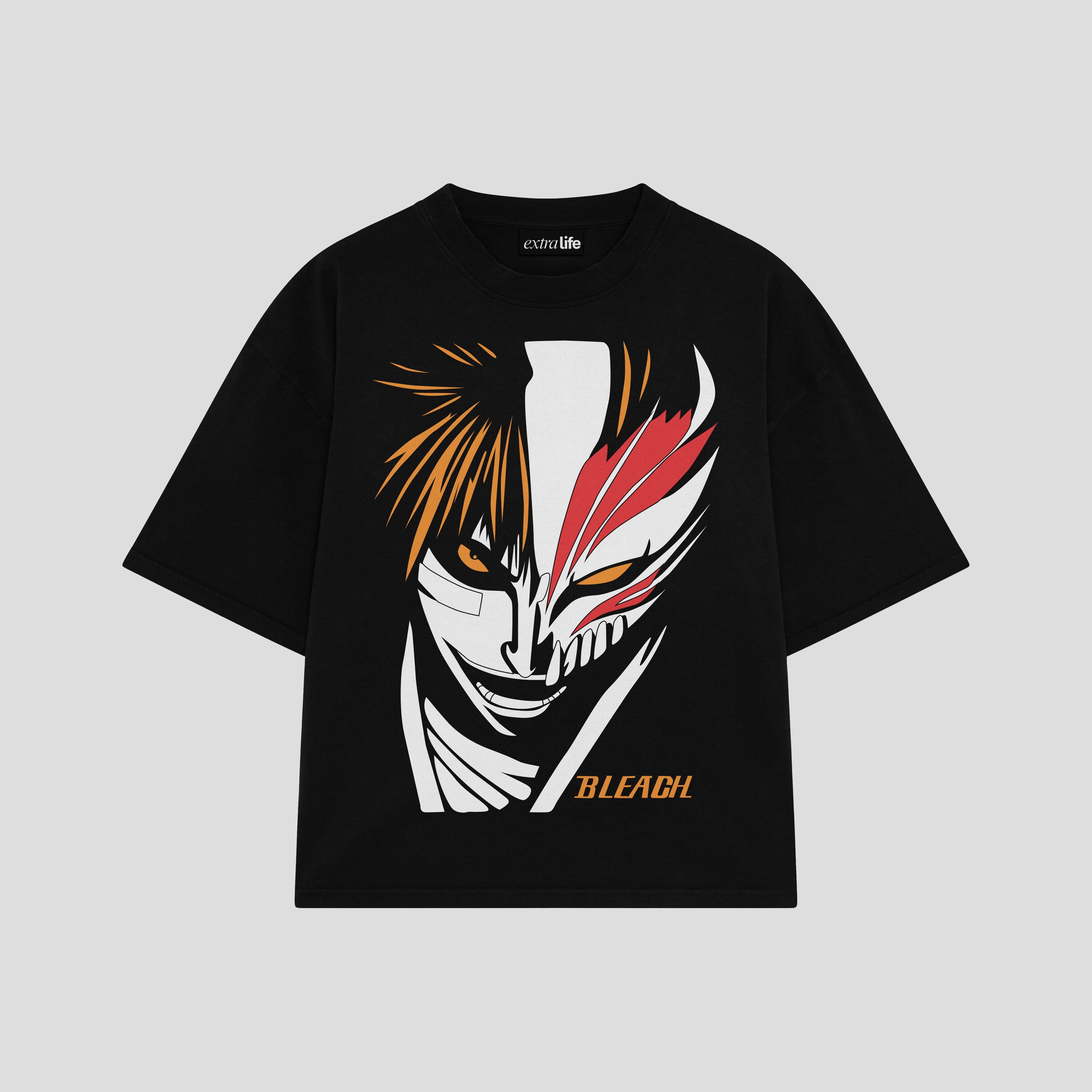 Playera streetwear premium de anime y gaming ExtraLife MX, corte boxy oversized drop shoulder heavyweight en color Deep Black y Off-White, moda urbana mexicana de culto.