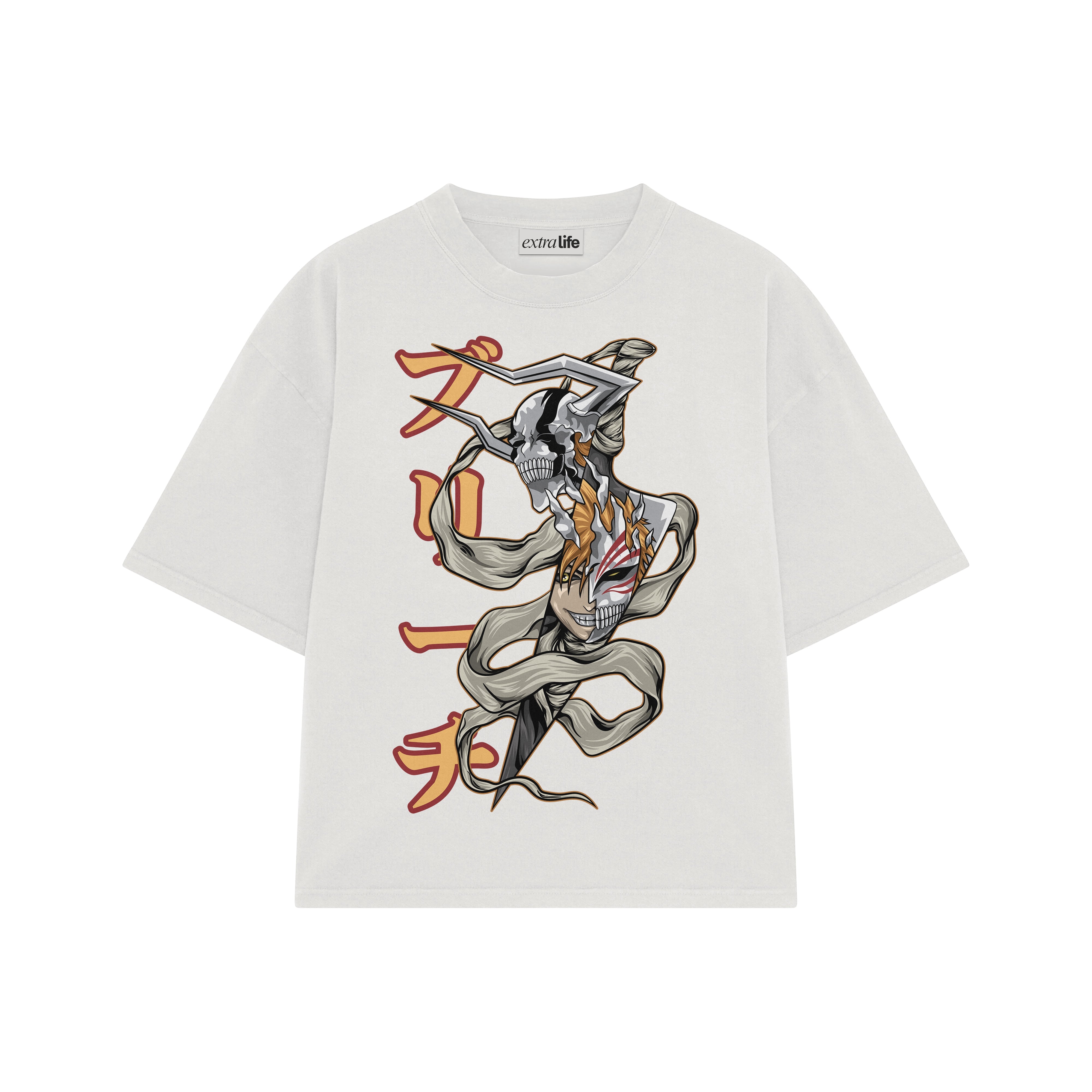 Playera streetwear premium de anime y gaming ExtraLife MX, corte boxy oversized drop shoulder heavyweight en color Deep Black y Off-White, moda urbana mexicana de culto.