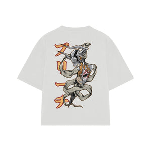 Playera streetwear premium de anime y gaming ExtraLife MX, corte boxy oversized drop shoulder heavyweight en color Deep Black y Off-White, moda urbana mexicana de culto.