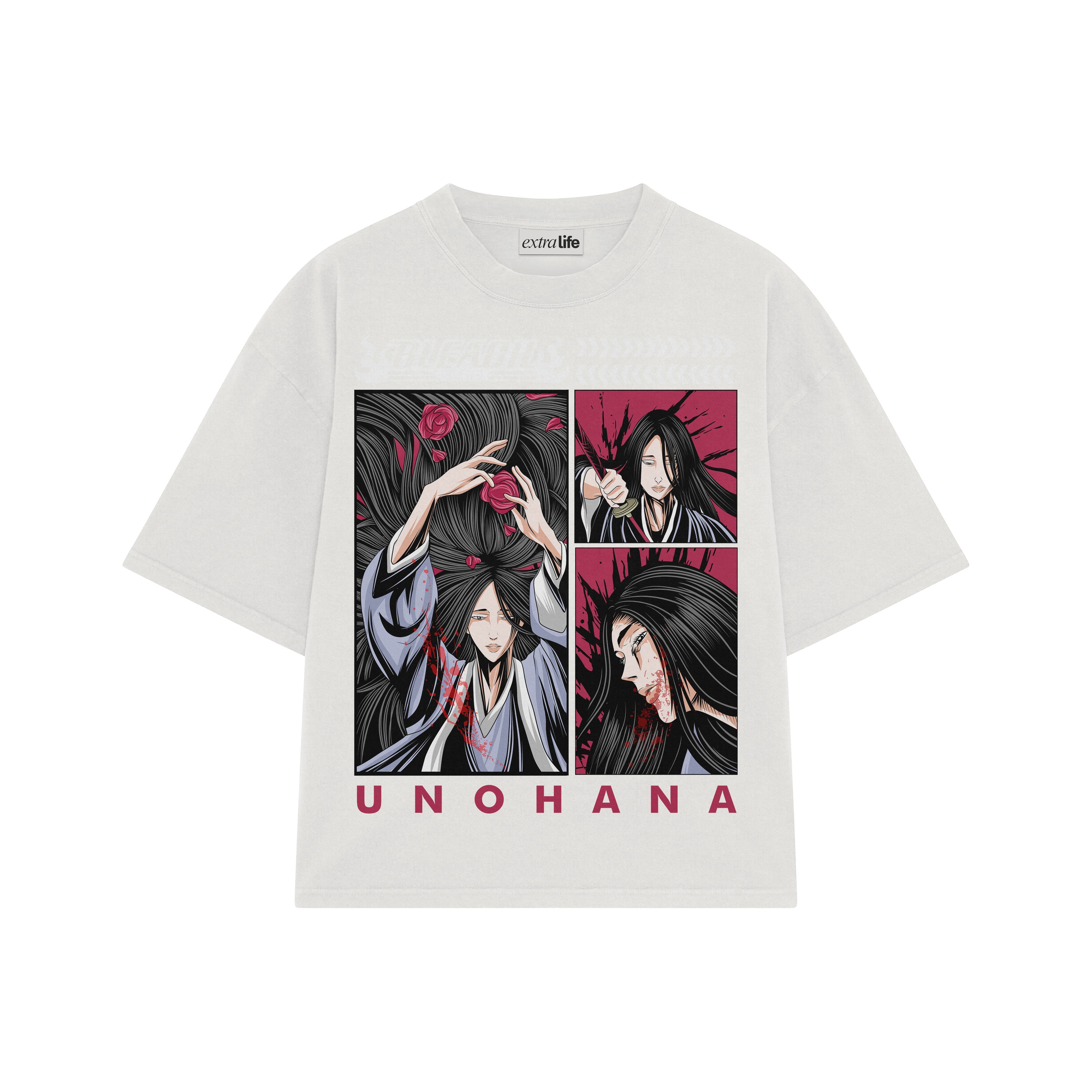 Playera streetwear premium de anime y gaming ExtraLife MX, corte boxy oversized drop shoulder heavyweight en color Deep Black y Off-White, moda urbana mexicana de culto.