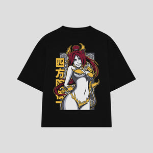 Playera streetwear premium de anime y gaming ExtraLife MX, corte boxy oversized drop shoulder heavyweight en color Deep Black y Off-White, moda urbana mexicana de culto.