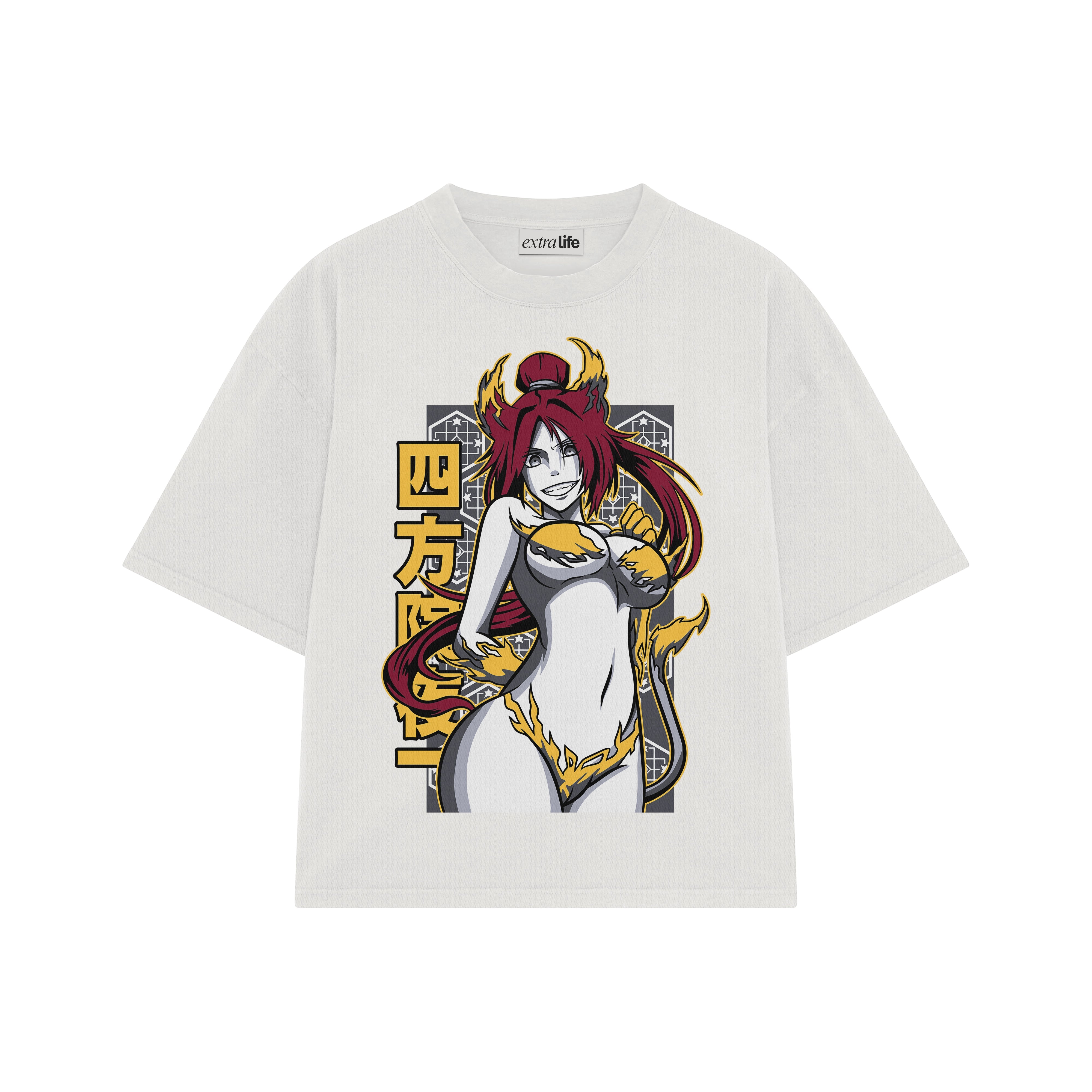 Playera streetwear premium de anime y gaming ExtraLife MX, corte boxy oversized drop shoulder heavyweight en color Deep Black y Off-White, moda urbana mexicana de culto.