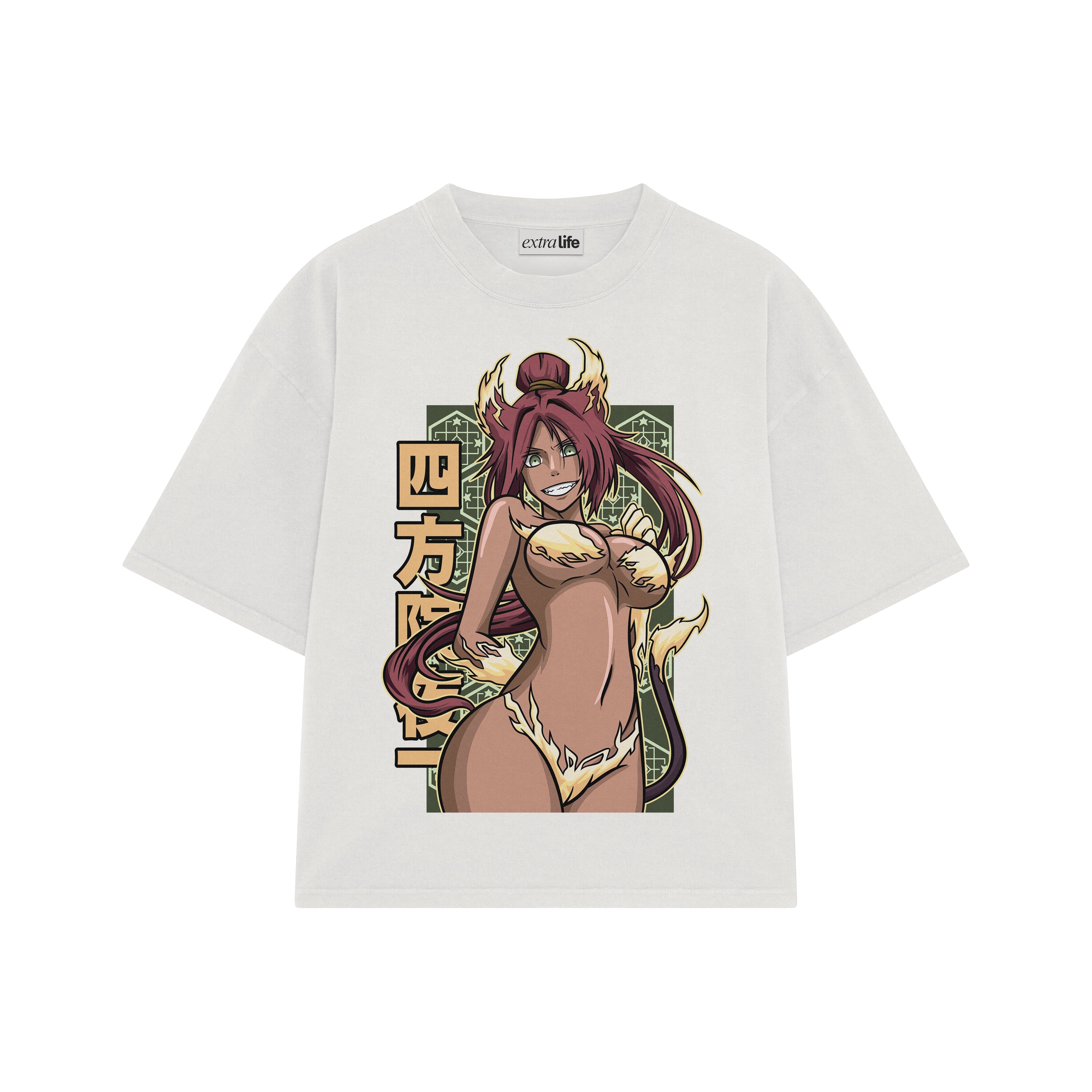 Playera streetwear premium de anime y gaming ExtraLife MX, corte boxy oversized drop shoulder heavyweight en color Deep Black y Off-White, moda urbana mexicana de culto.