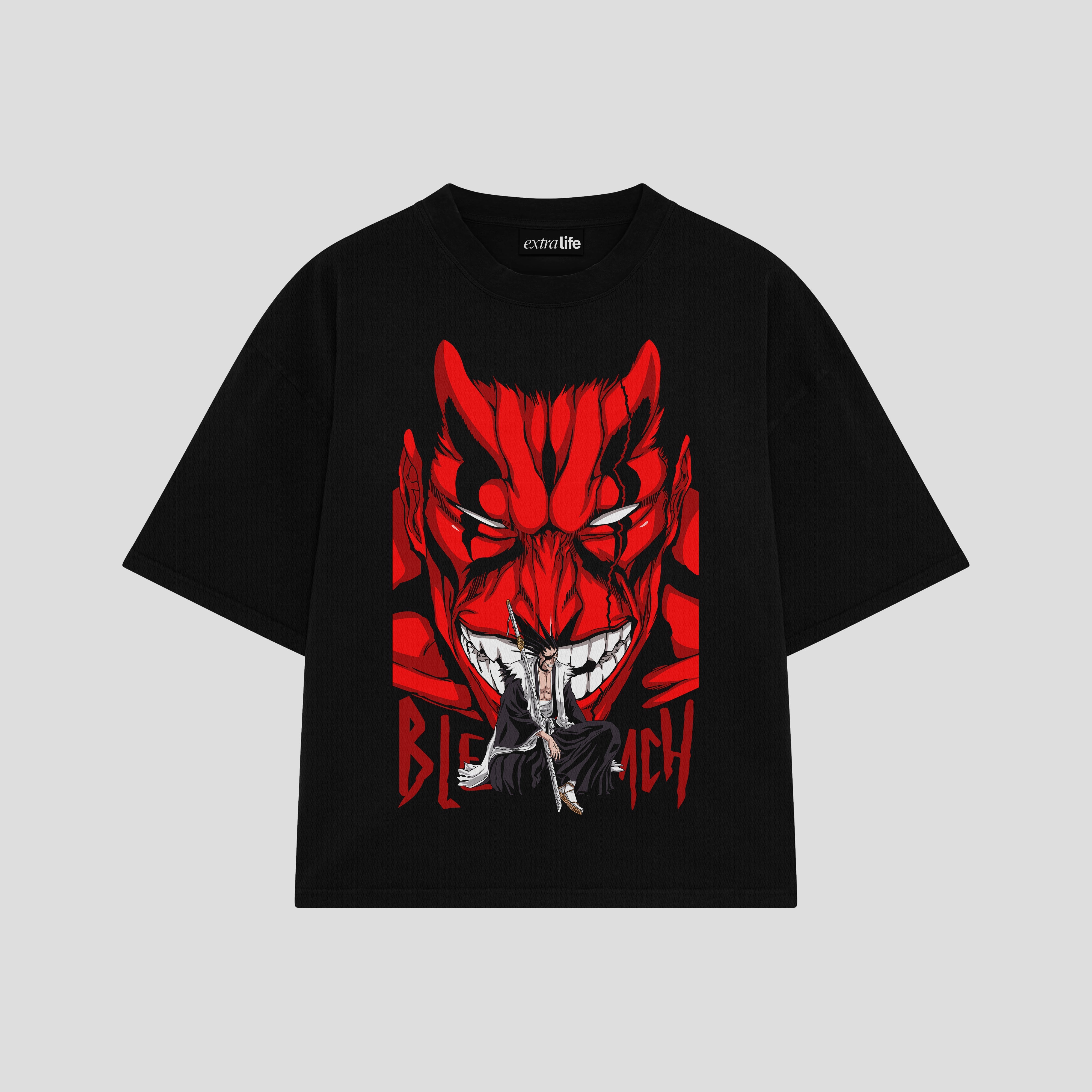 Playera streetwear premium de anime y gaming ExtraLife MX, corte boxy oversized drop shoulder heavyweight en color Deep Black y Off-White, moda urbana mexicana de culto.