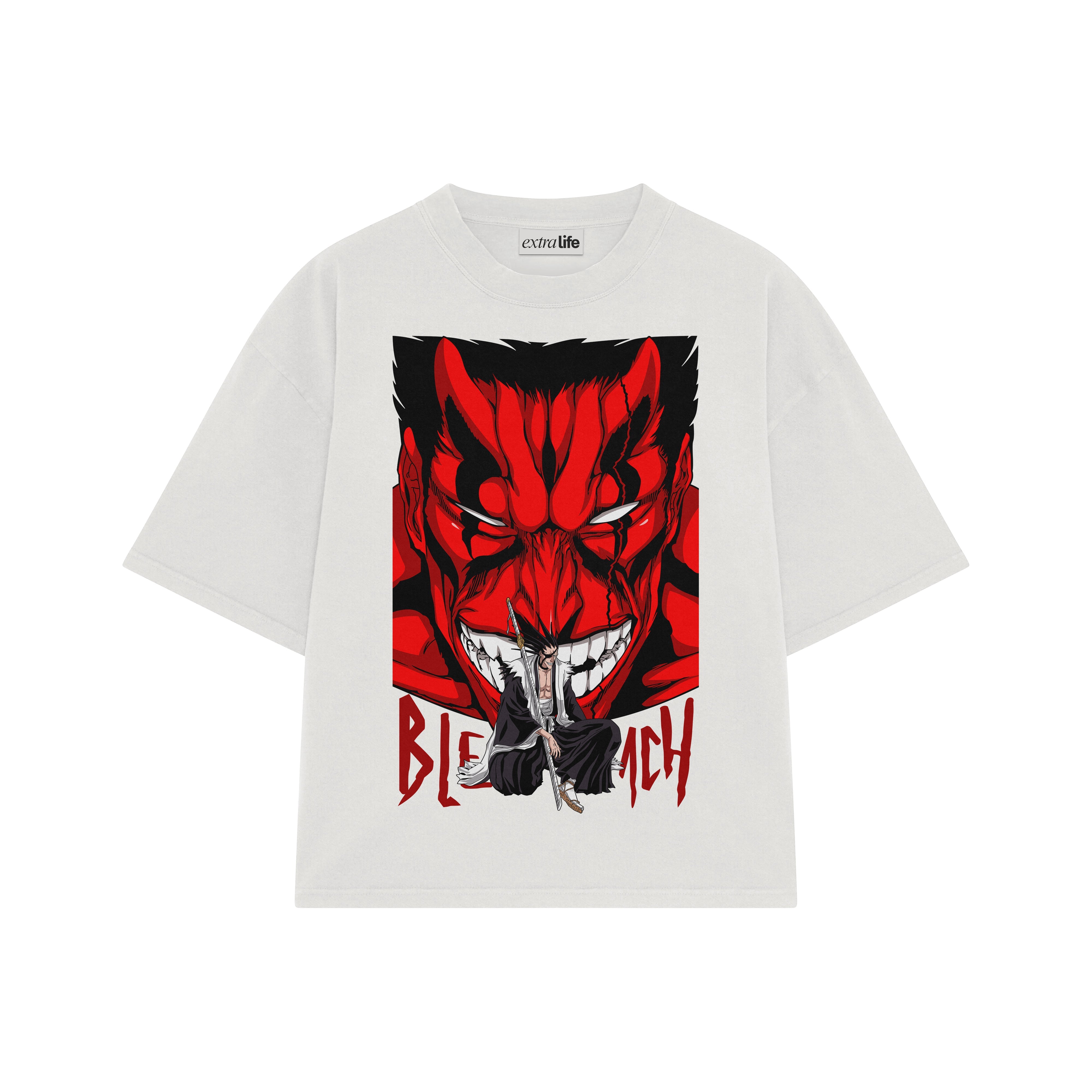Playera streetwear premium de anime y gaming ExtraLife MX, corte boxy oversized drop shoulder heavyweight en color Deep Black y Off-White, moda urbana mexicana de culto.